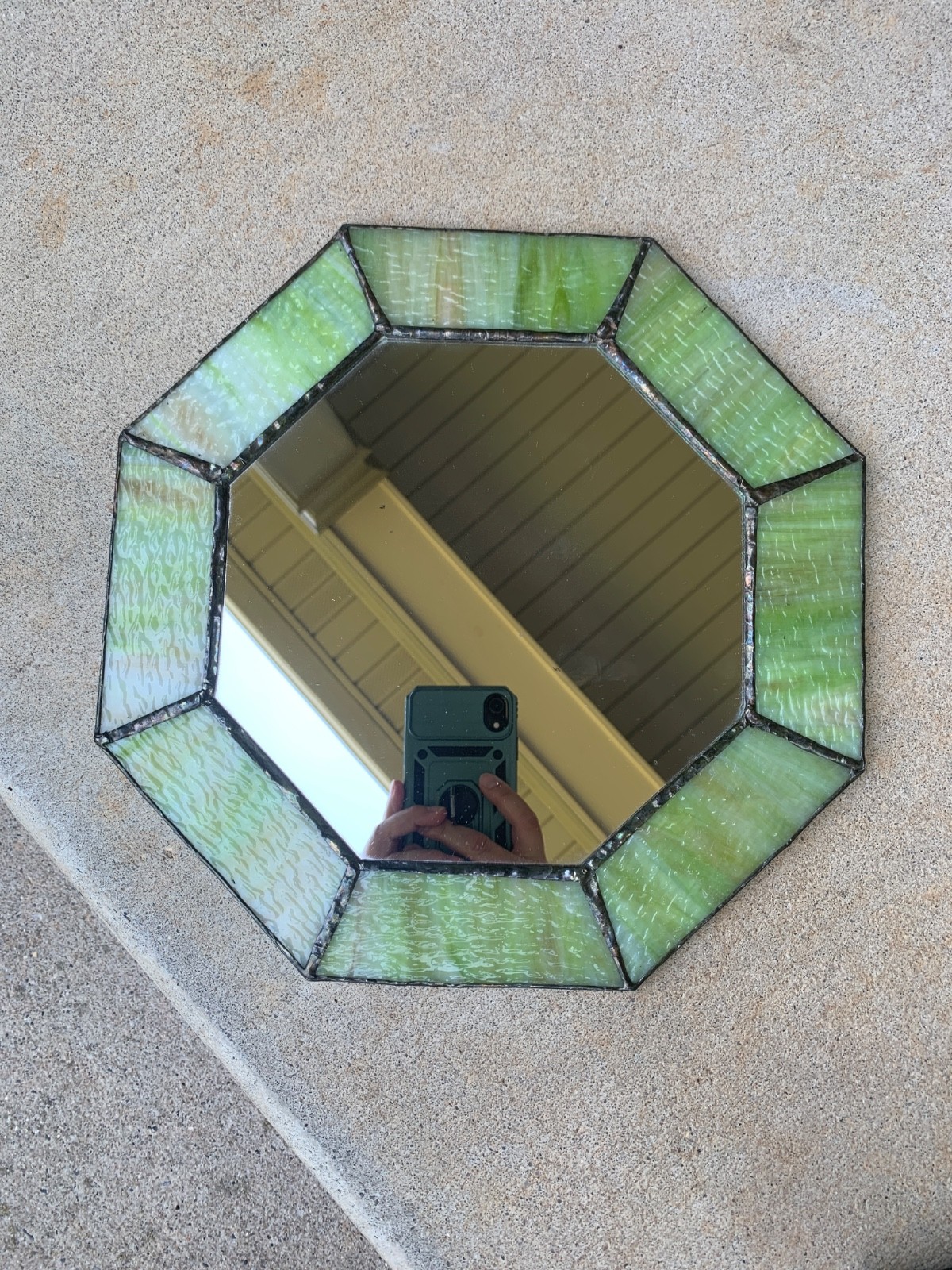 Octagon Green Stained Slag Glass Mirror Wallhanging