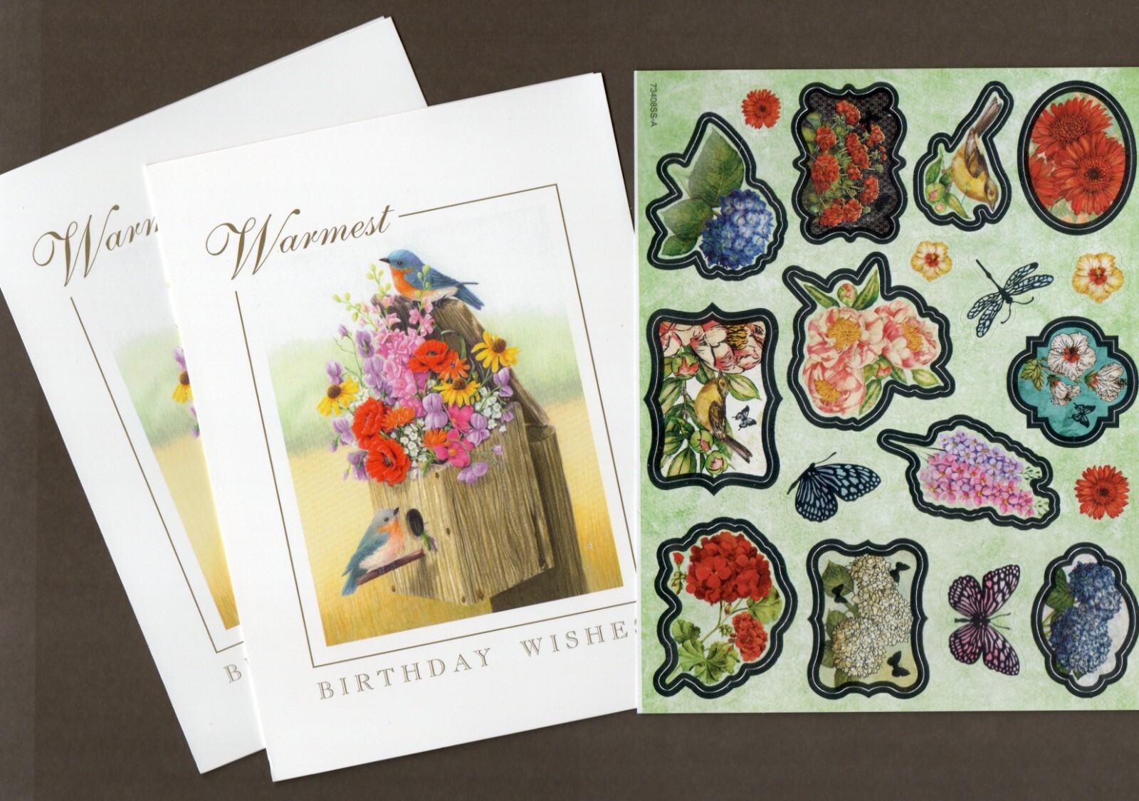 2 Bird Birthday Cards + 19 Metallic Silver Stickers, Birdhouse/Floral, VFW