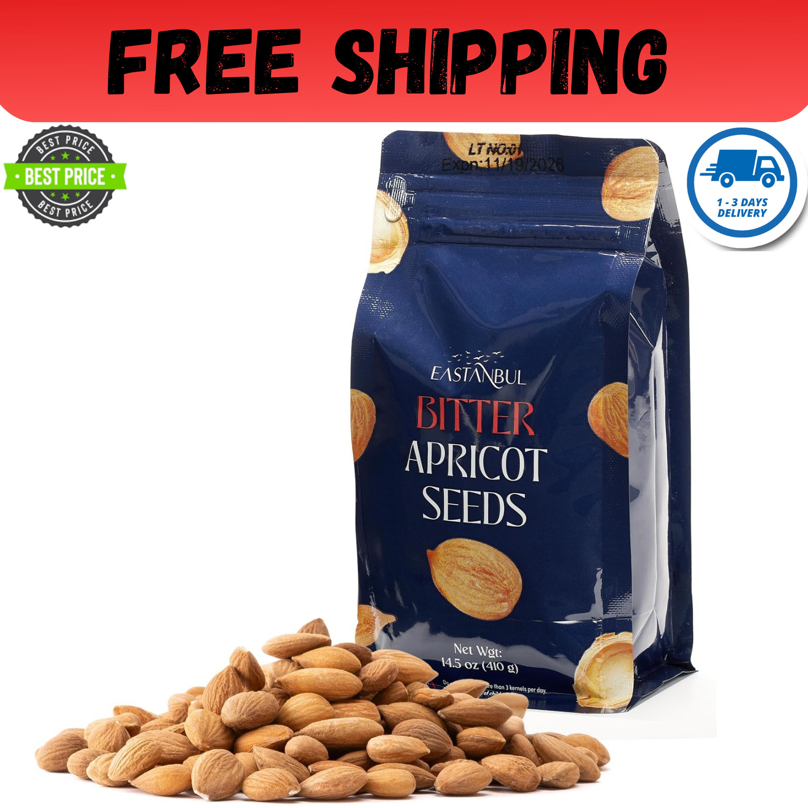 Organic Bitter Raw Apricot Kernel Premium Seeds 14oz Gluten Free Vegan USDA 1 lb