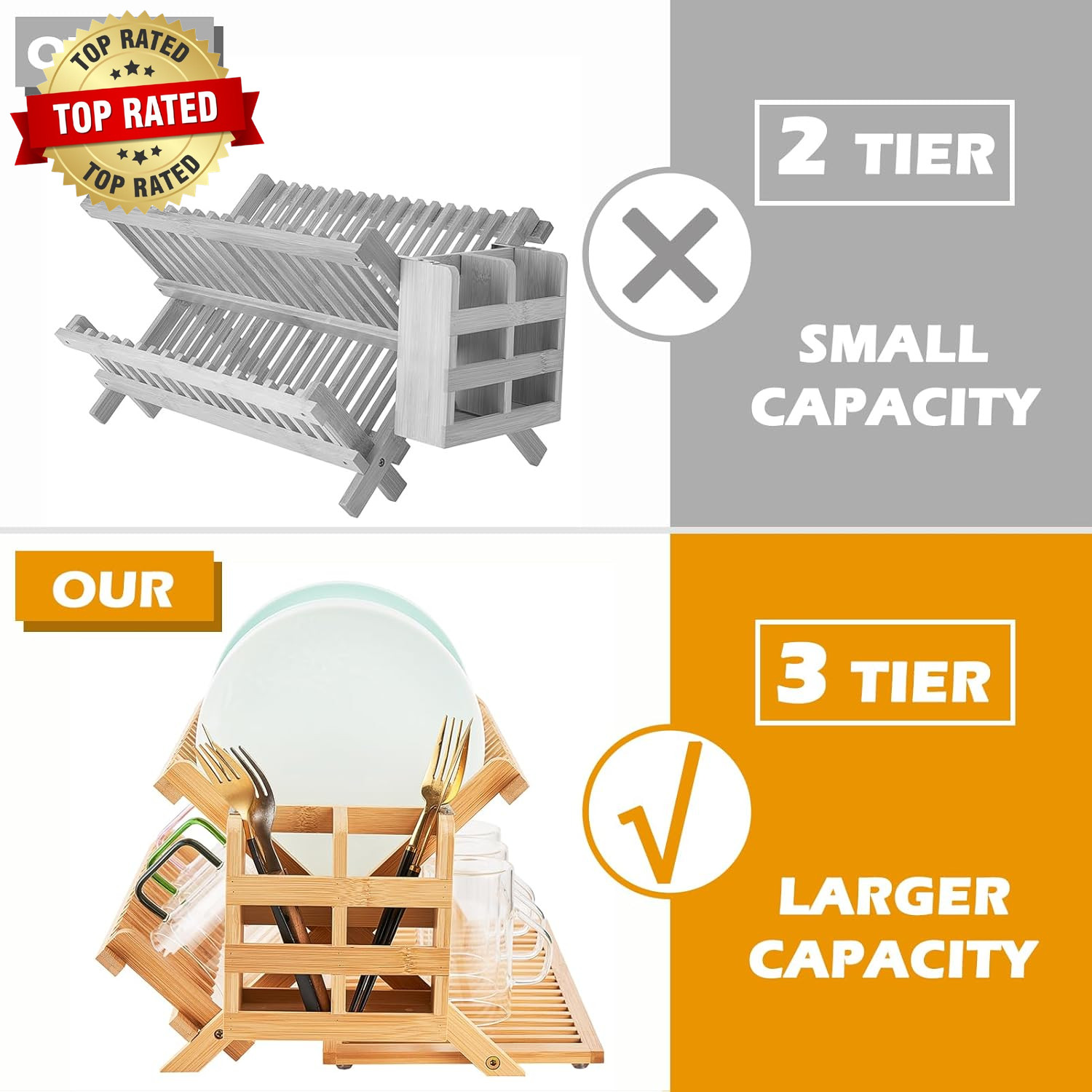 Bamboo Dish Drying Rack, 3 Tier Collapsible Wooden Dish Drainer Rack with Utensi