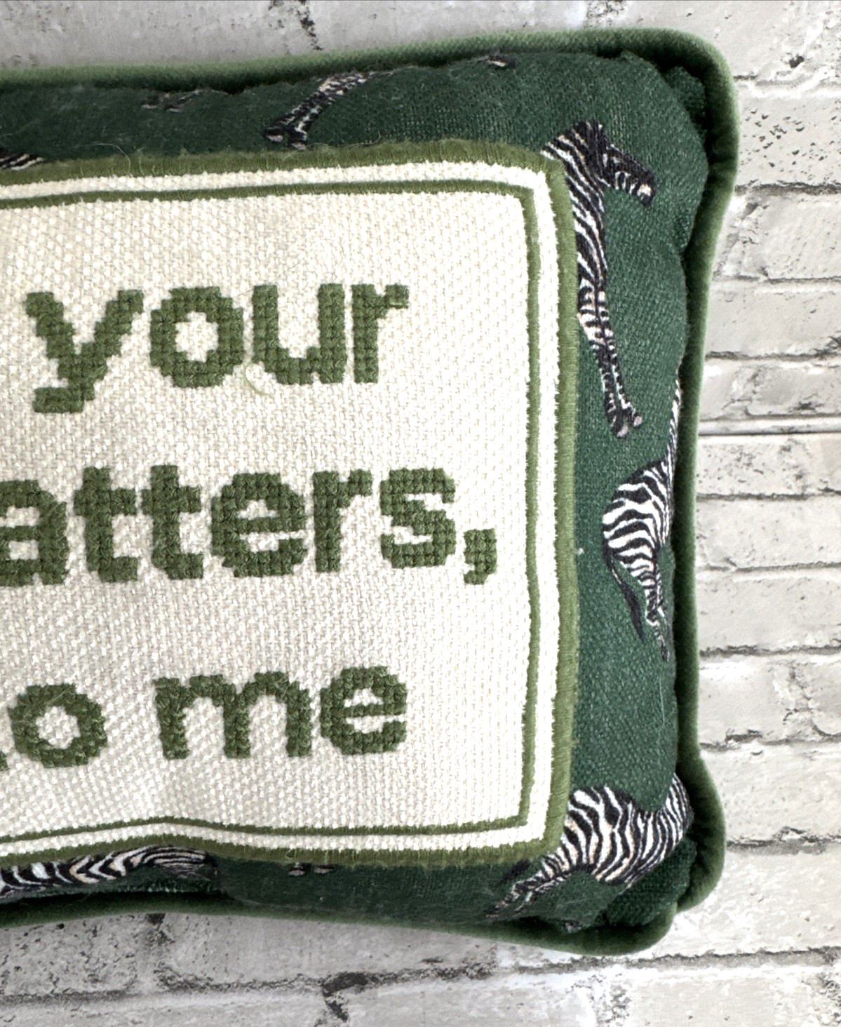 Needlepoint Decorative Throw Pillow Rectangular Green Ivory Zebra JUST NOT TO ME