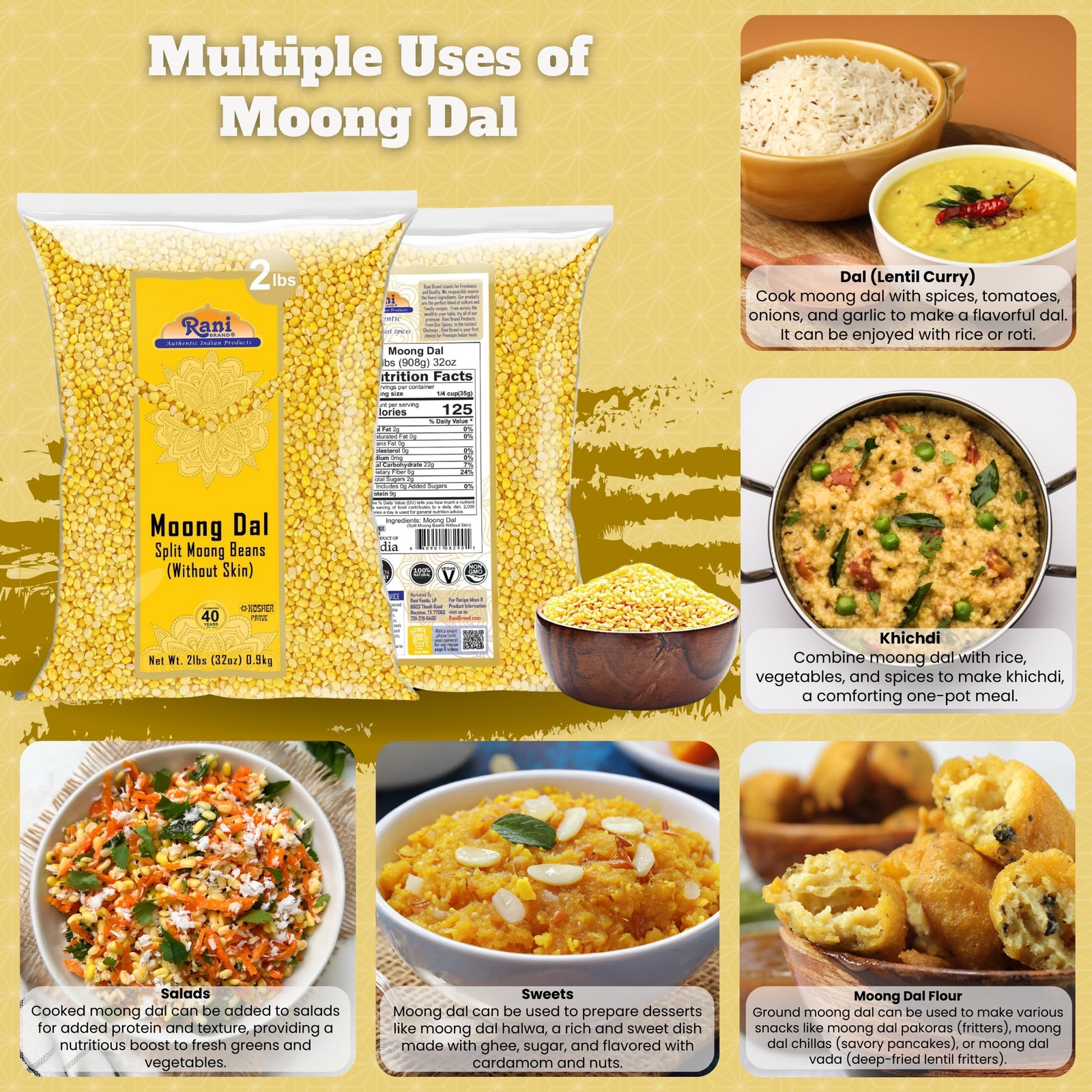 Rani Moong Dal (Split Mung Beans without skin) Indian Lentils, 32oz (2lbs) 907g