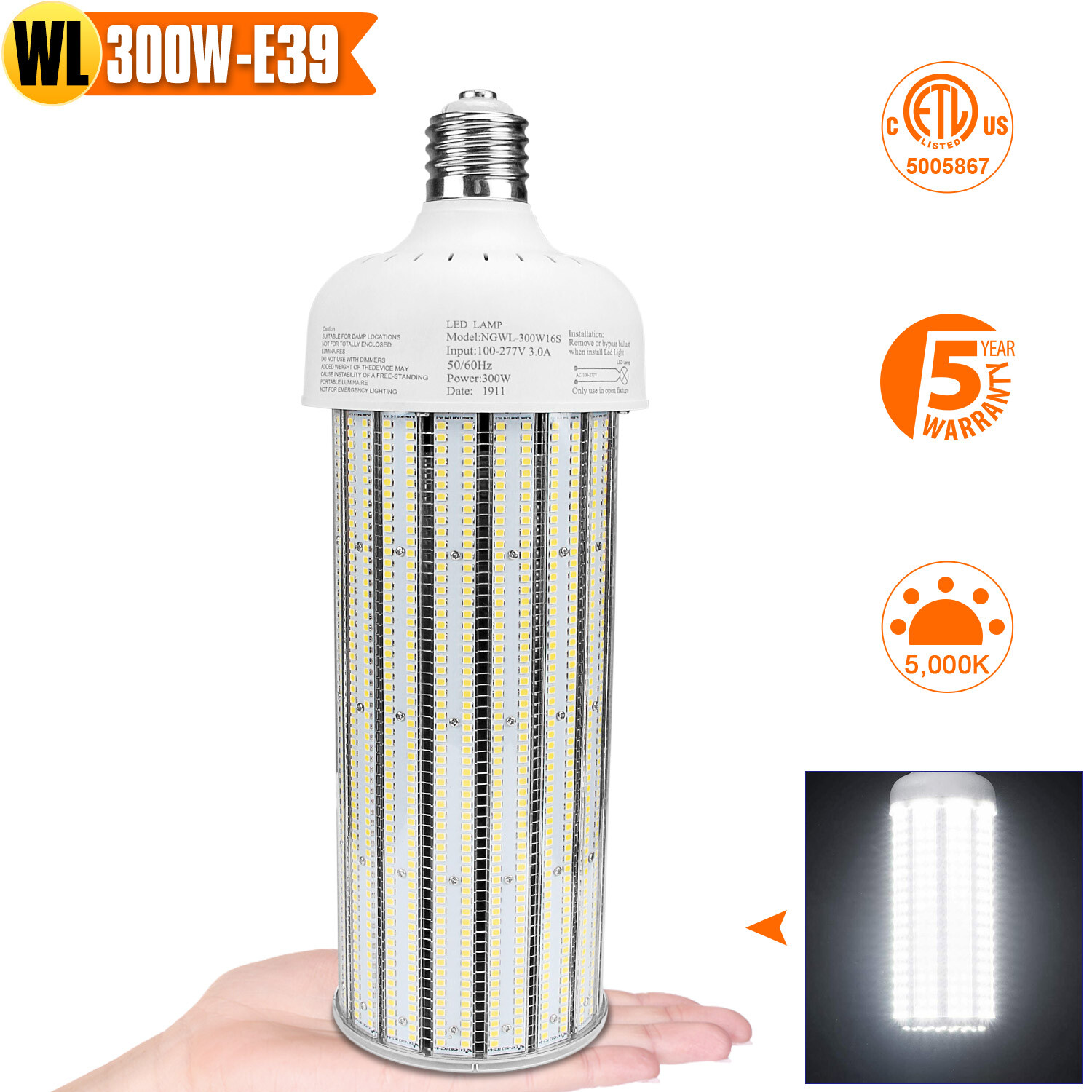300Watt LED Corn Bulb Light Replace 1500W MH/HPS Warehouse Parking Lot Light ETL