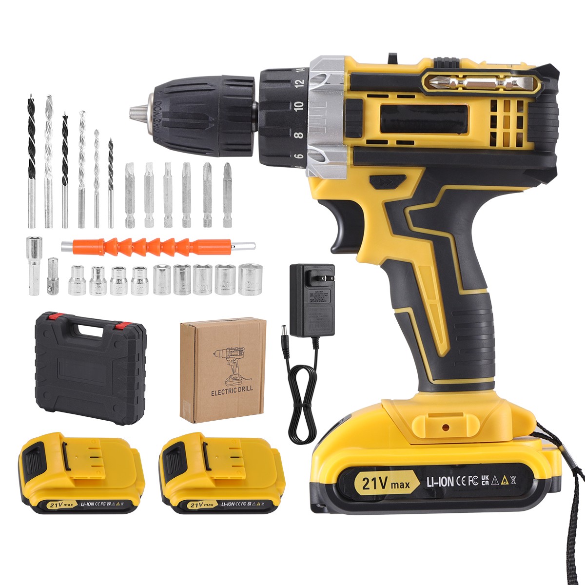 21V Electric Drill Power Cordless Screwdriver Drill Set With 2 Battery & Charger