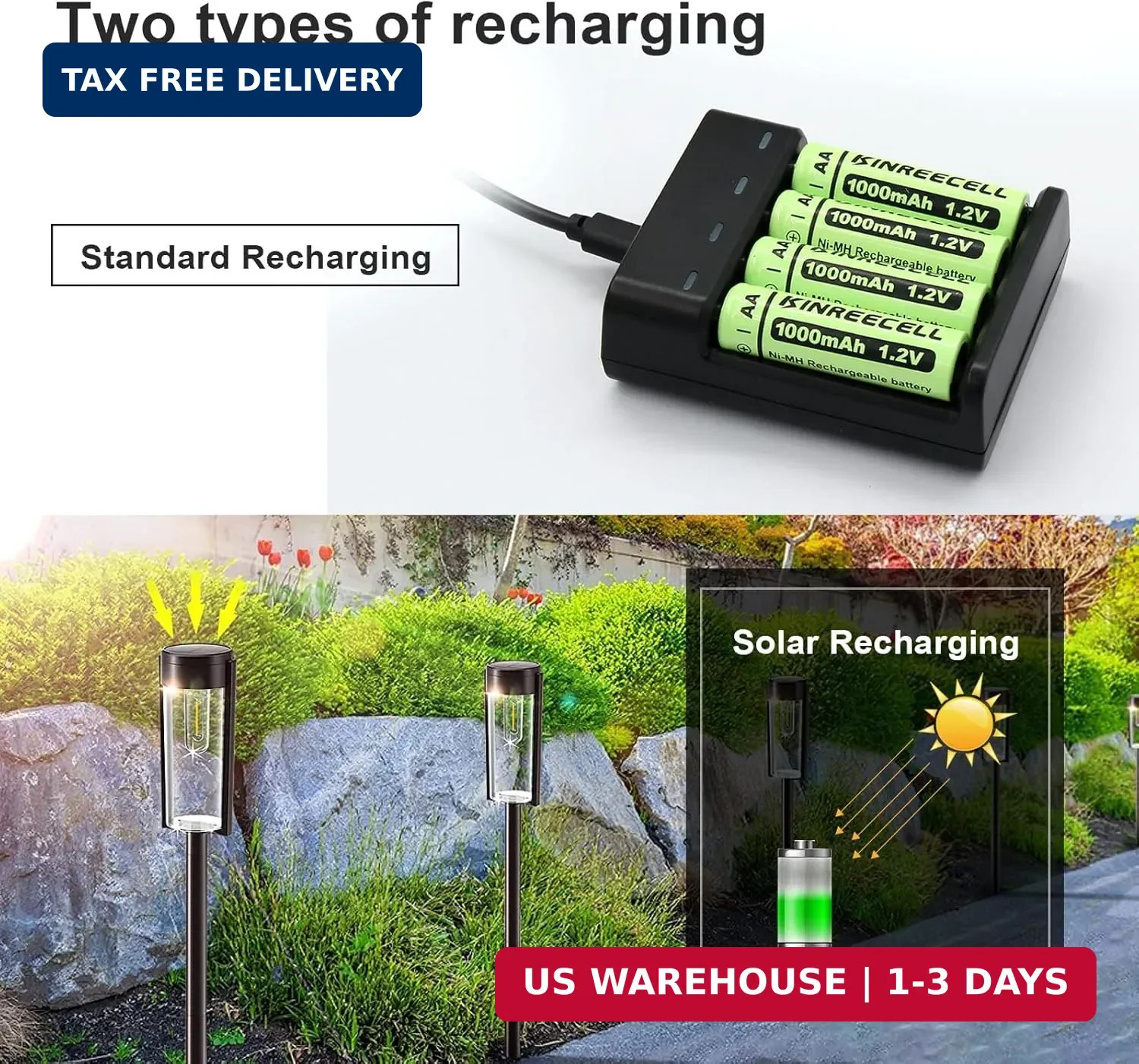 Rechargeable AA Batteries, Ni-MH Double A Solar Batteries High Capacity 1.2V Pre