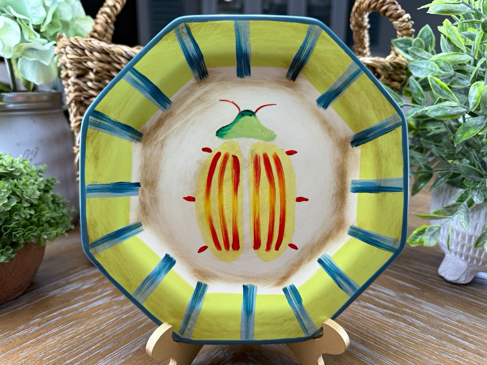 Vintage Decorative Beetle Accent Plate 8” Octagon Wall Plate Garden Bug Decor
