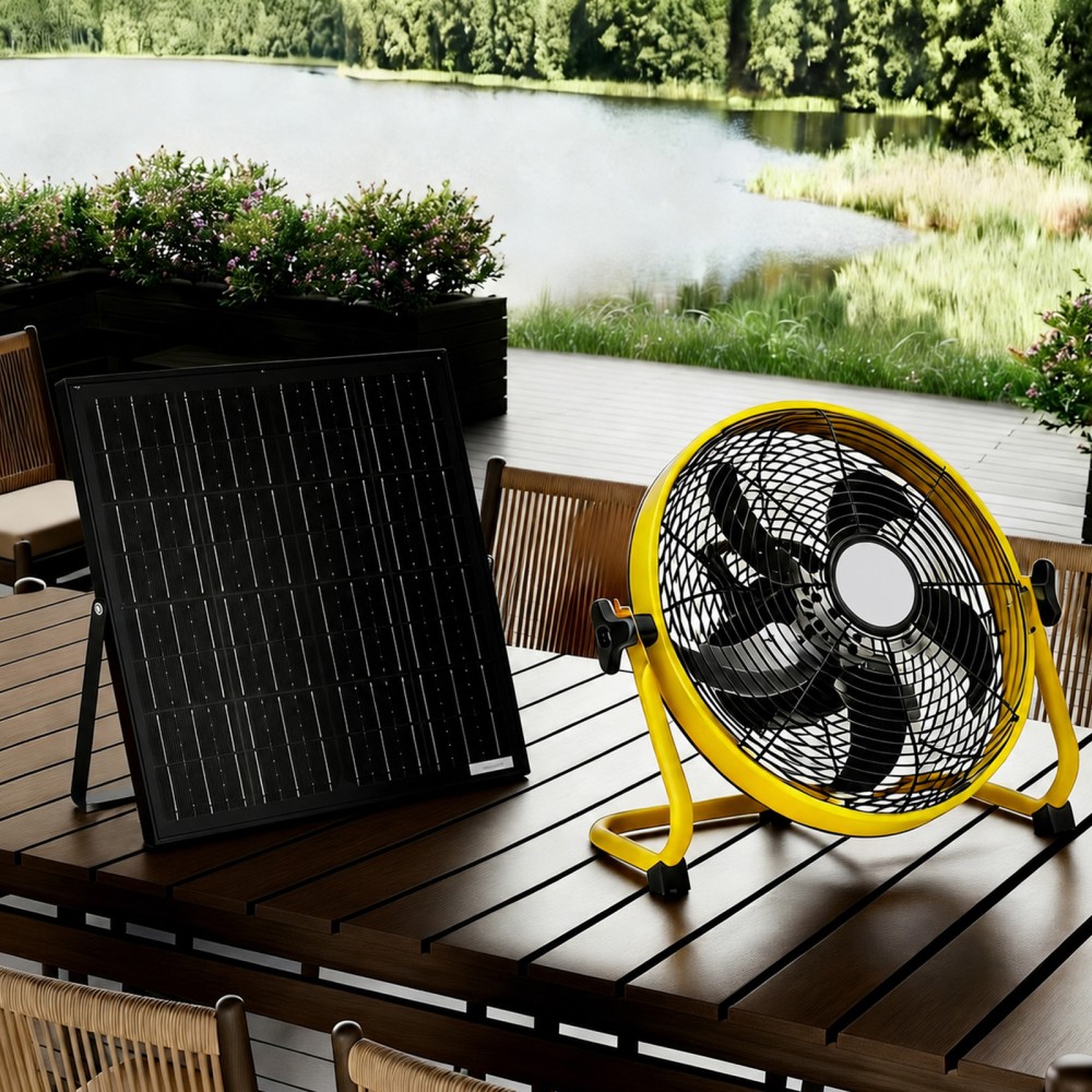 12″ Solar Floor Fan with 30W Panel, 1500mAh Battery, Remote Control, Yellow