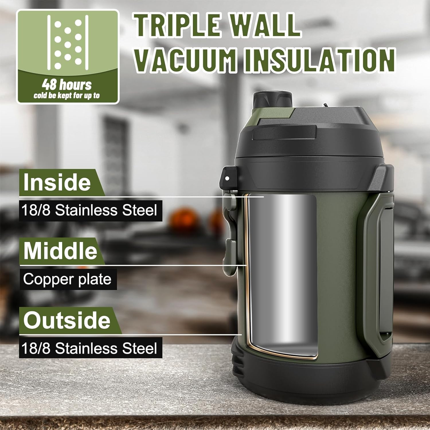 1 Gallon Water Jug, 128 Oz Large Insulated Stainless Steel Sports Water Jug, Lar