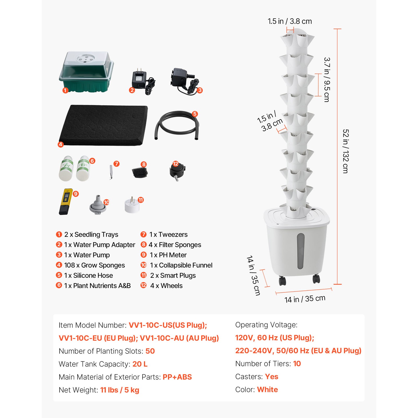 Uimoso Hydroponic Tower System with 50Pods and Mobile Base Vertical Gardening
