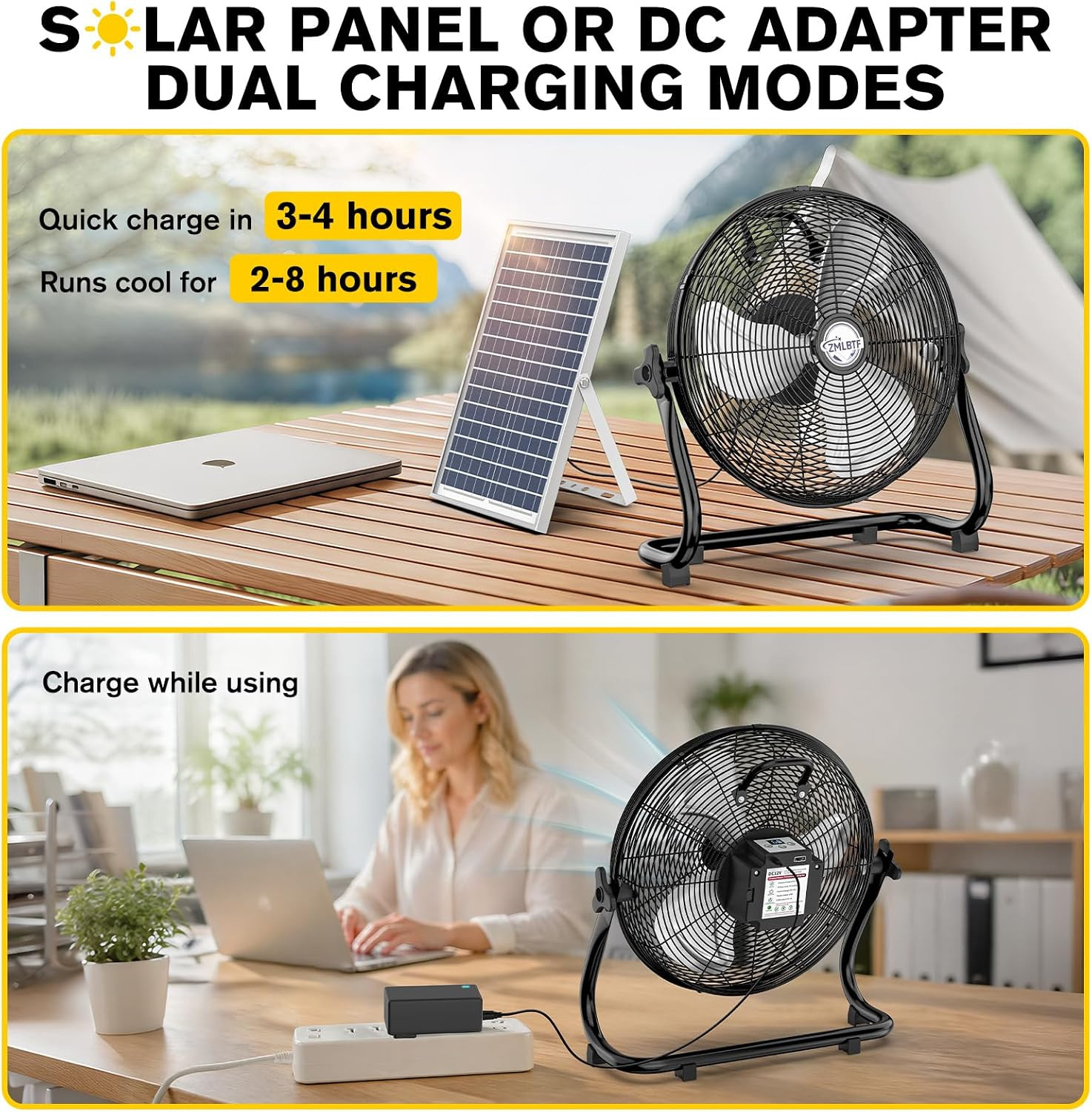 14″ Solar Powered Fan with 20W Solar Panel & Rechargeable Battery, Portable, Qui