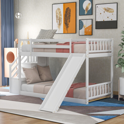 Stairway Wooden Bunk Bed w/ Slide Low Floor Bed for Kids Teens Adults,White/Gray