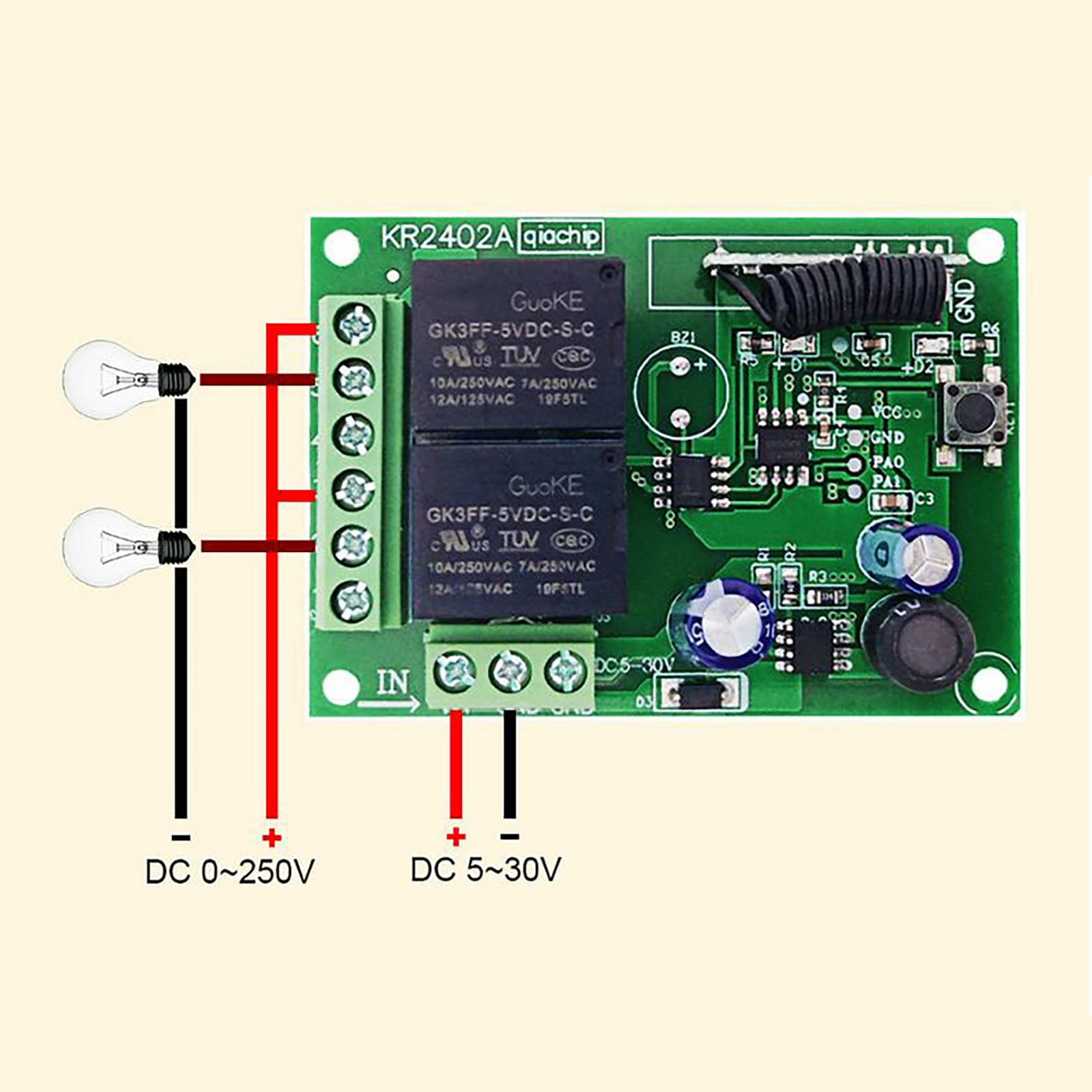 433MHz Universal Wireless Remote Control DC 6V 12V 24V 2CH RF Relay Transmitter