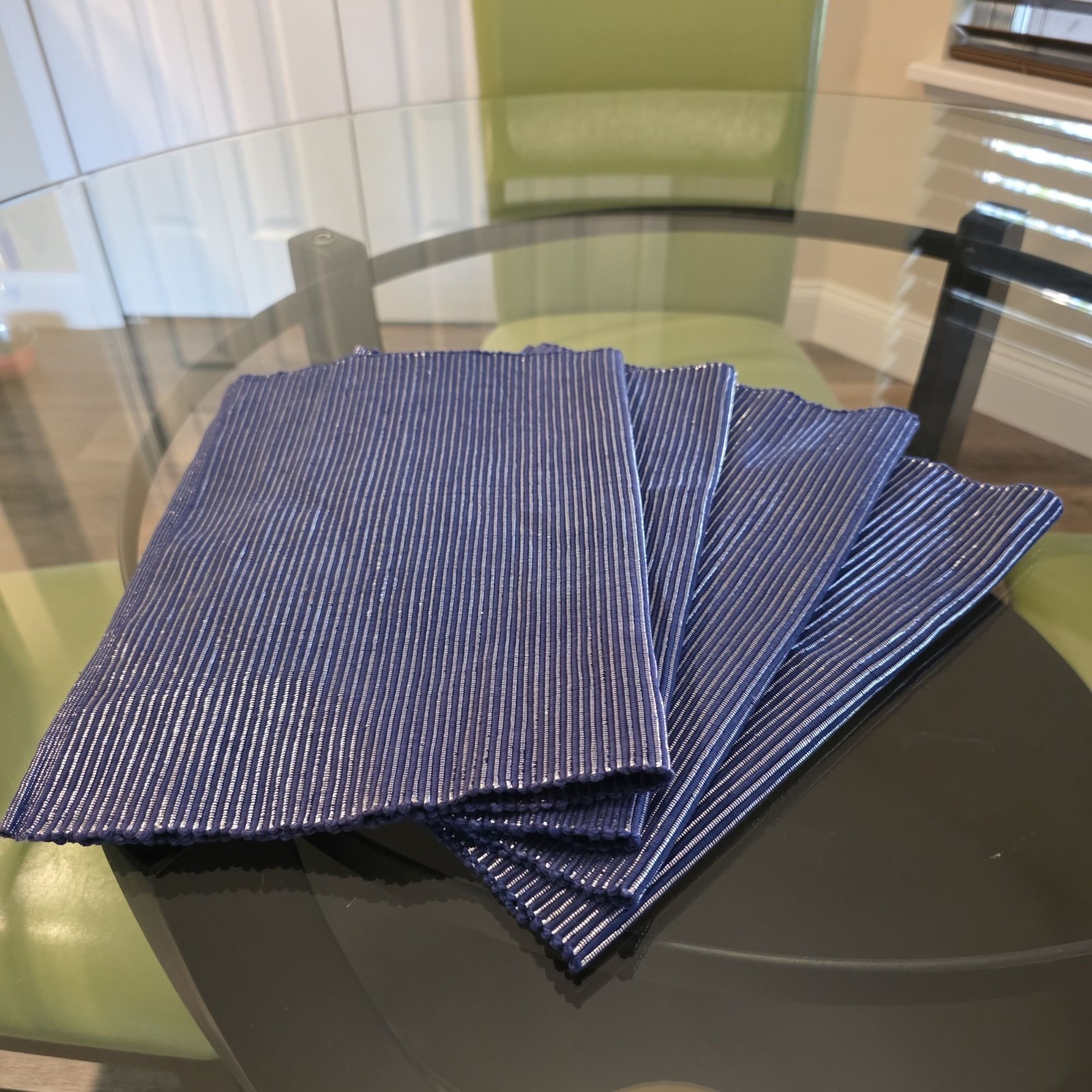 Woven Blue & Shiny Silver Thread Striped Placemats – Set Of 4 – 18″ X 13″