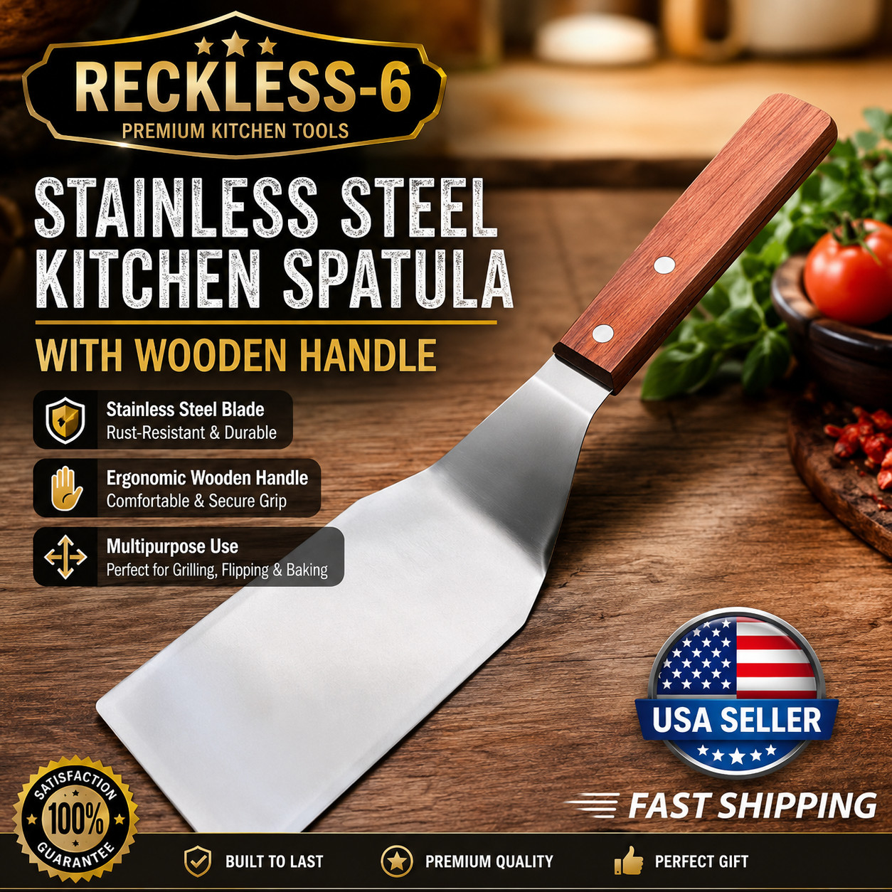 Metal Spatula Beveled Edges, Stainless Steel Spatula with Wood Handle
