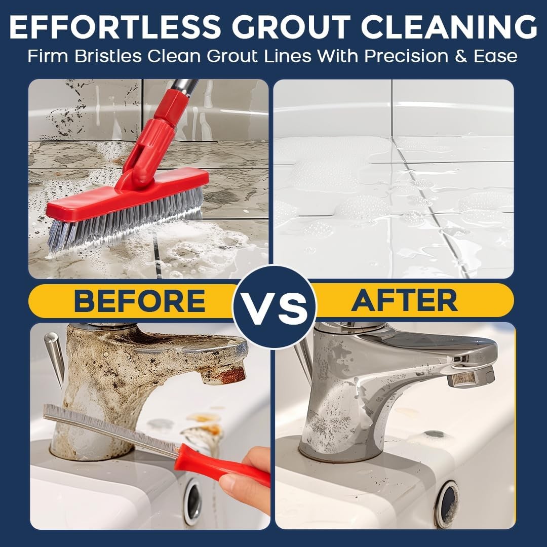 Foxtrot Grout Brush Set: Long Handle, Crevice Cleaner for Tile & Grout