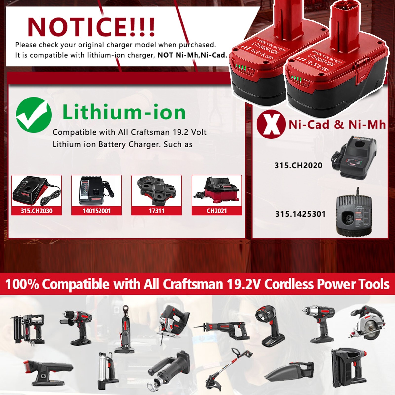 2pack 19.2 Volt XCP 8.0Ah Lithium Battery For Craftsman C3 Diehard PP2025 PP2030