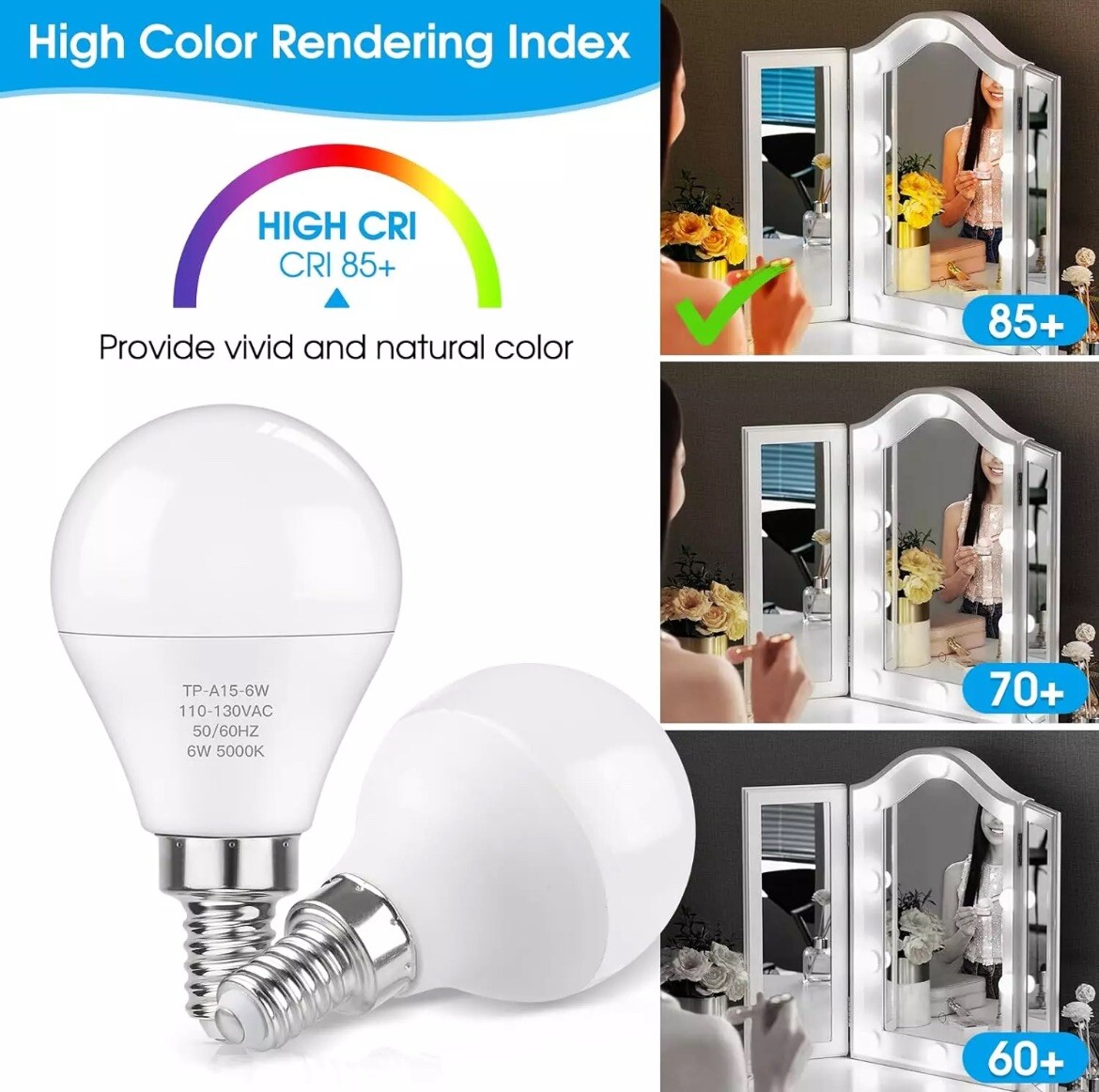 E12 LED Bulbs 60W Equivalent Daylight White 4000K Ceiling Fan Light Bulbs 6 Pack
