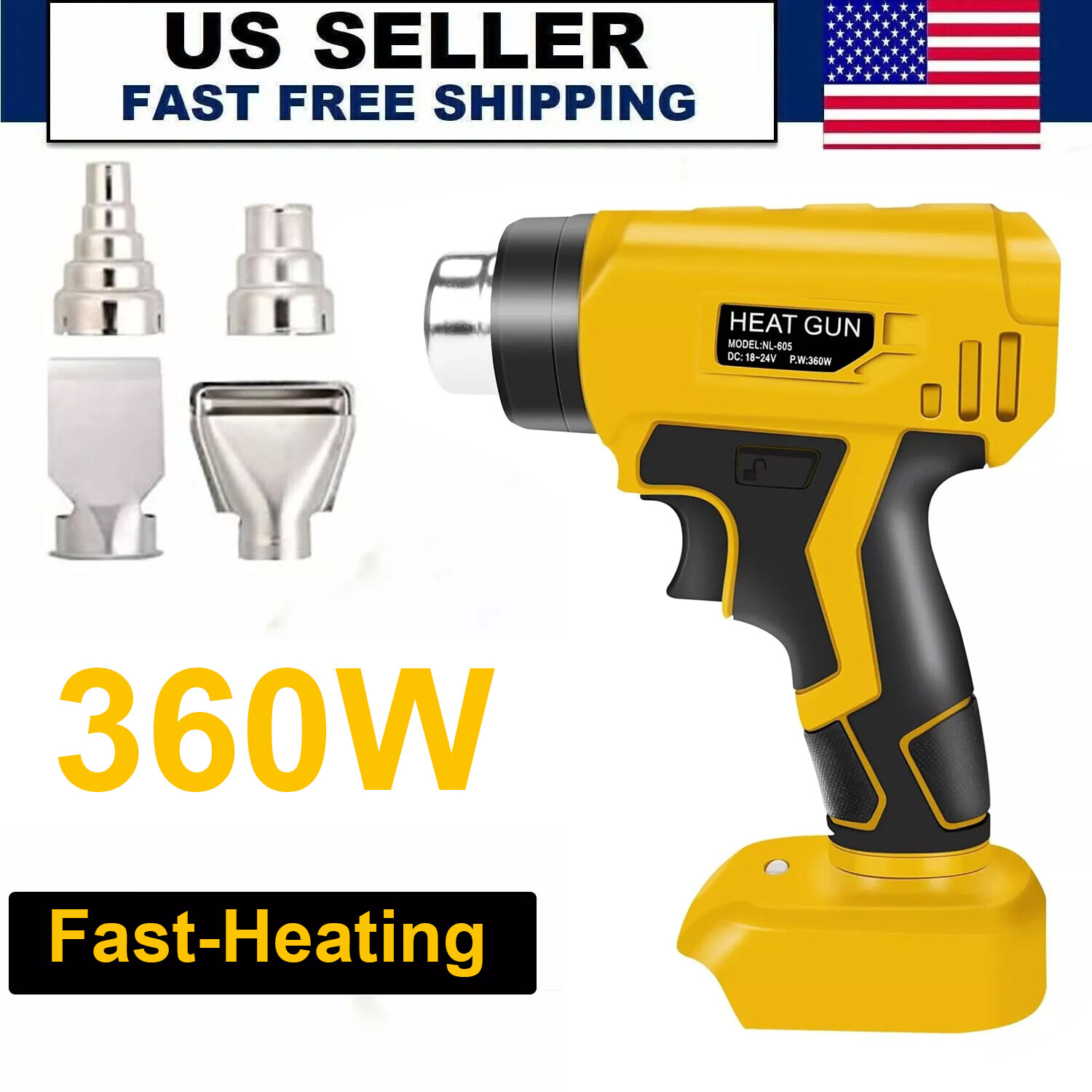 Heat Gun Hot Air Gun For Dewalt 20V Battery Power Heater Tools 360W +4Nozzles