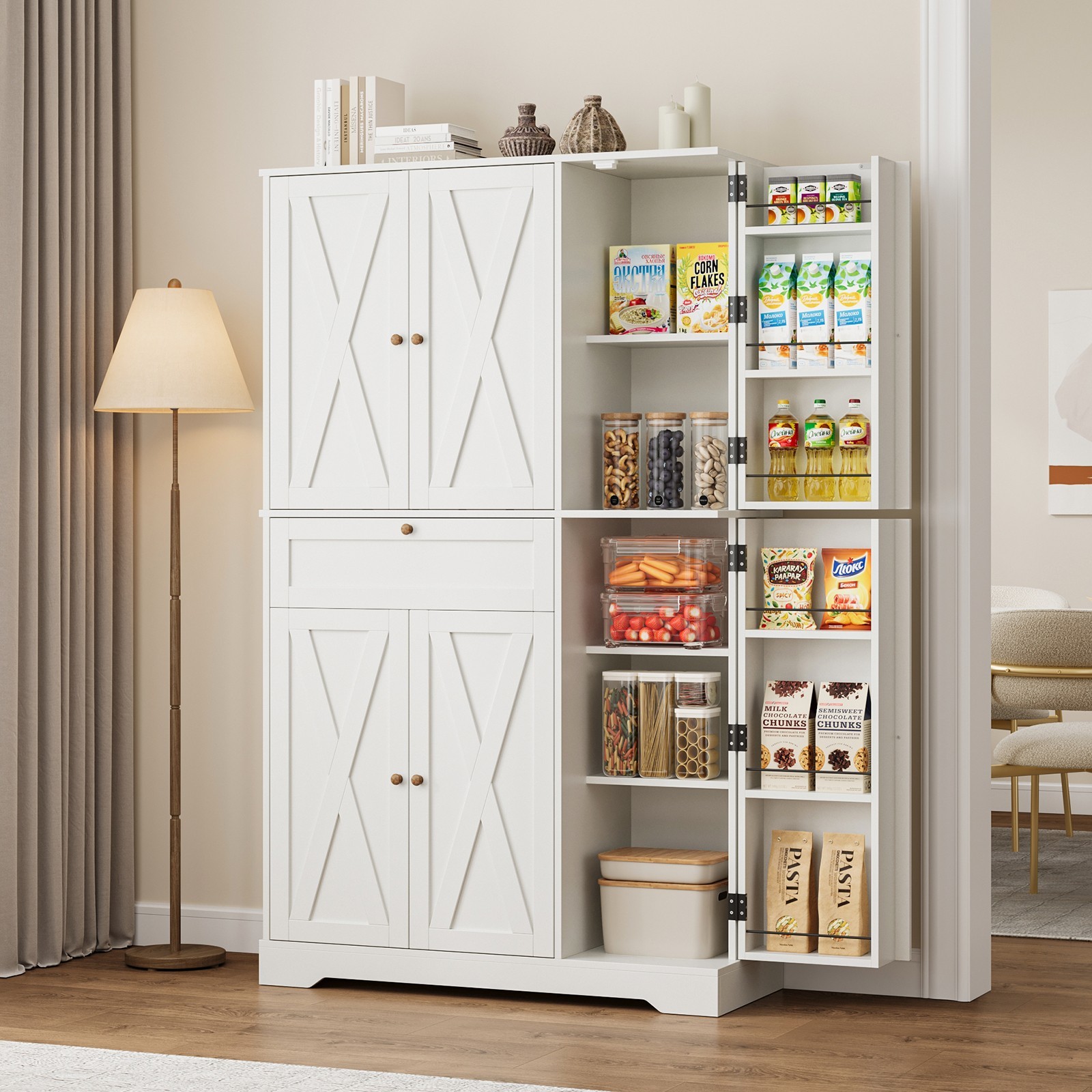 68″ Kitchen Pantry Cabinet, 6-Door Storage Hutch with Drawer & Shelves, White