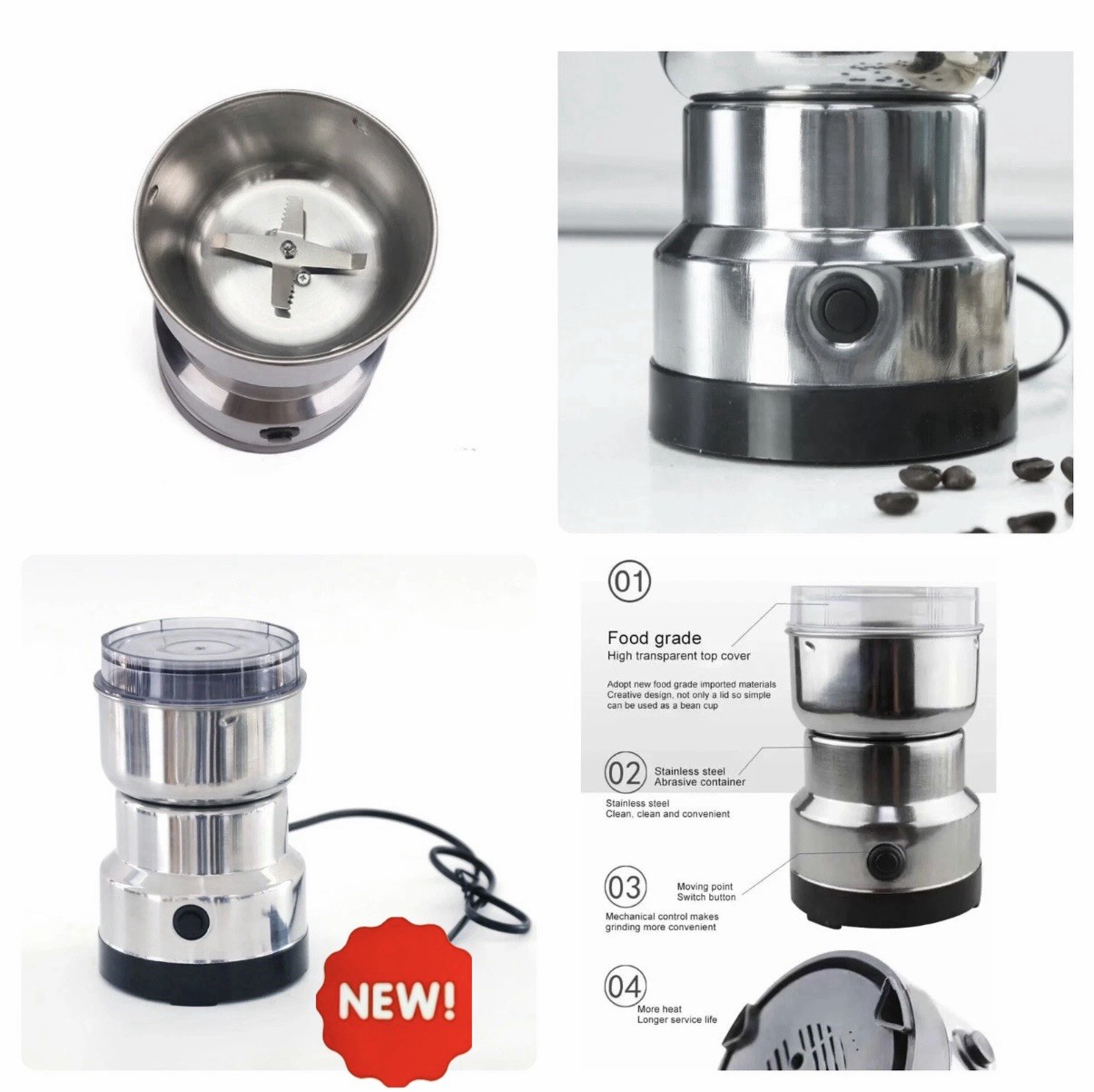 Electric Coffee Bean Grinder Nut Seed Grind Spice Crusher Mill Blender /Silver
