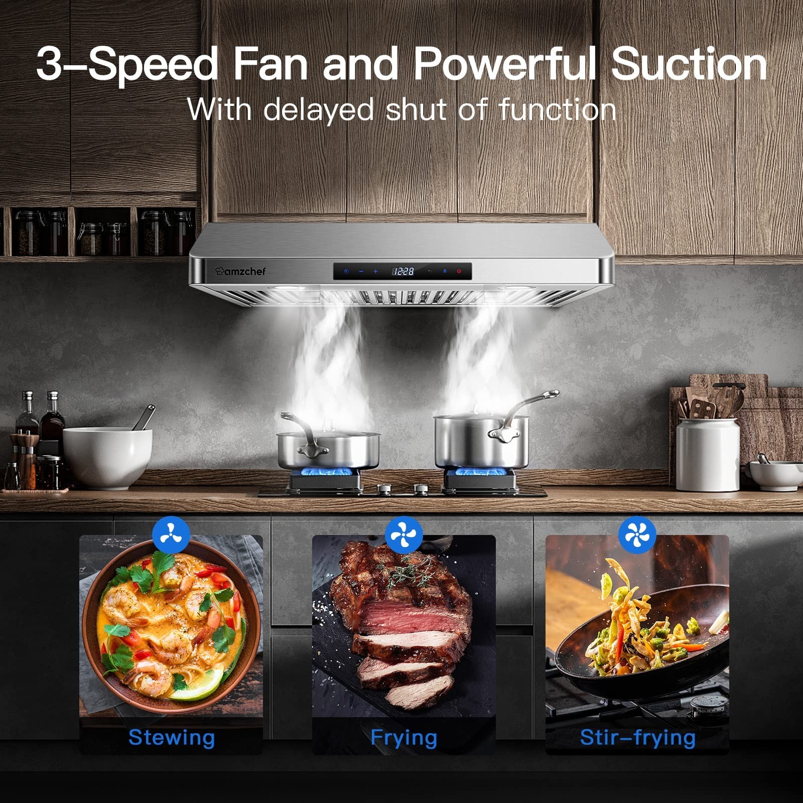 AMZCHEF 30in Under Cabinet Range Hood 750CFM Stainless Steel 3 Speed LED