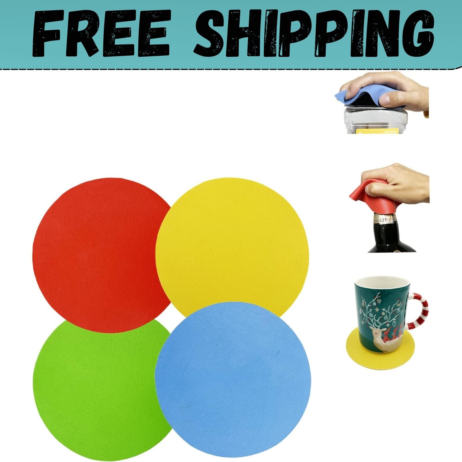 4 Pack Rubber Jar Lid Opener Gripper Pads for Weak Hands Seniors Kitchen – NEW