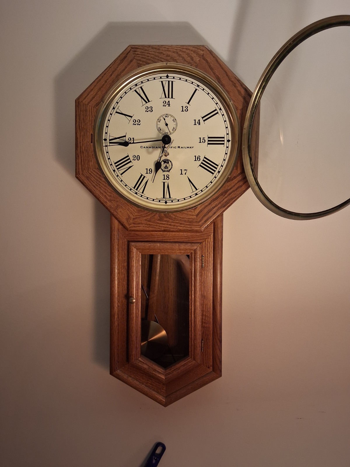Bradley Woodworks Octagon Wood Hanging Wall Clock w/ Pendulum, Roman Numerals