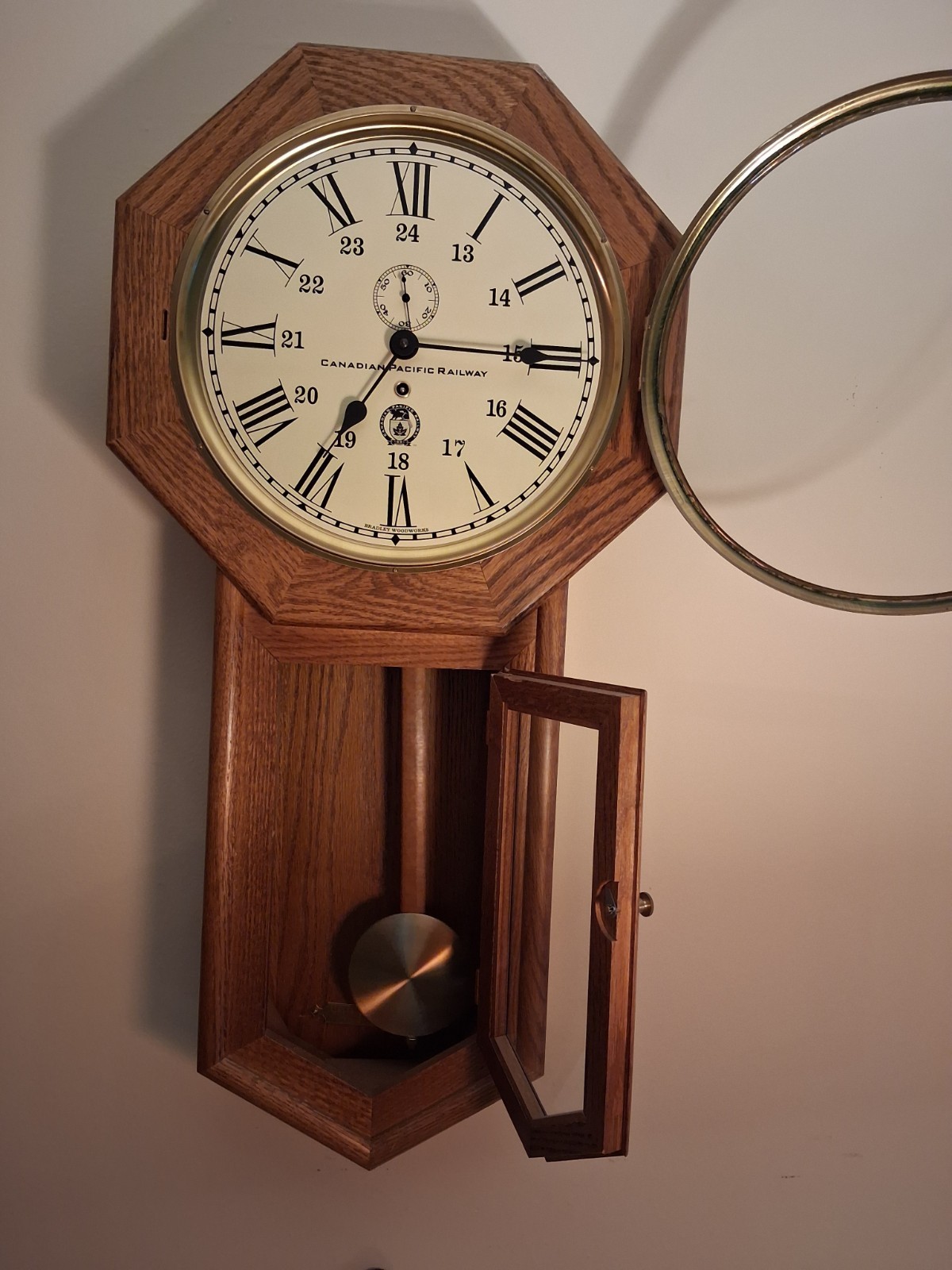 Bradley Woodworks Octagon Wood Hanging Wall Clock w/ Pendulum, Roman Numerals