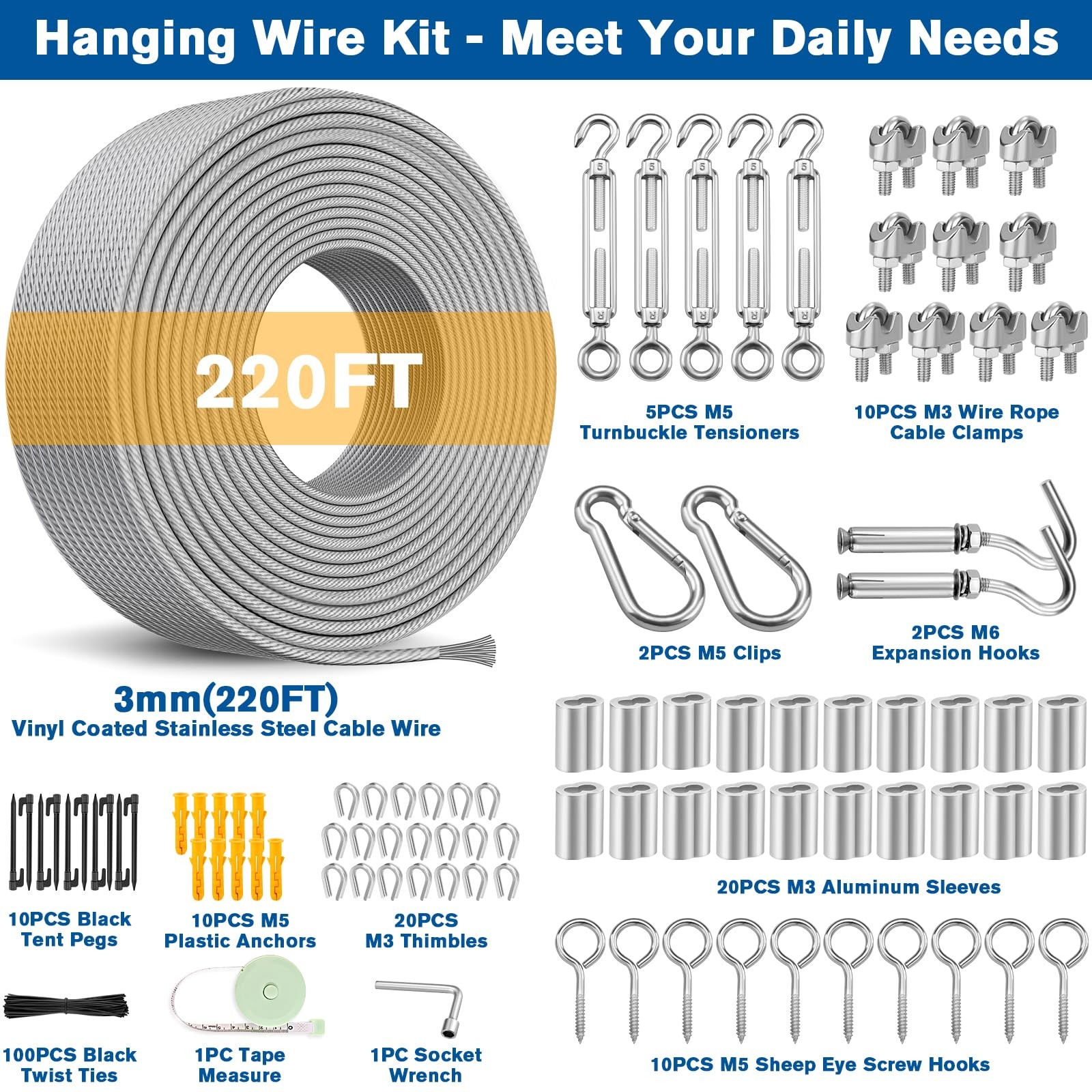 220FT 1/8″ Wire Rope Kit – 304 Stainless Steel Cable with 3MM*67M, Silver