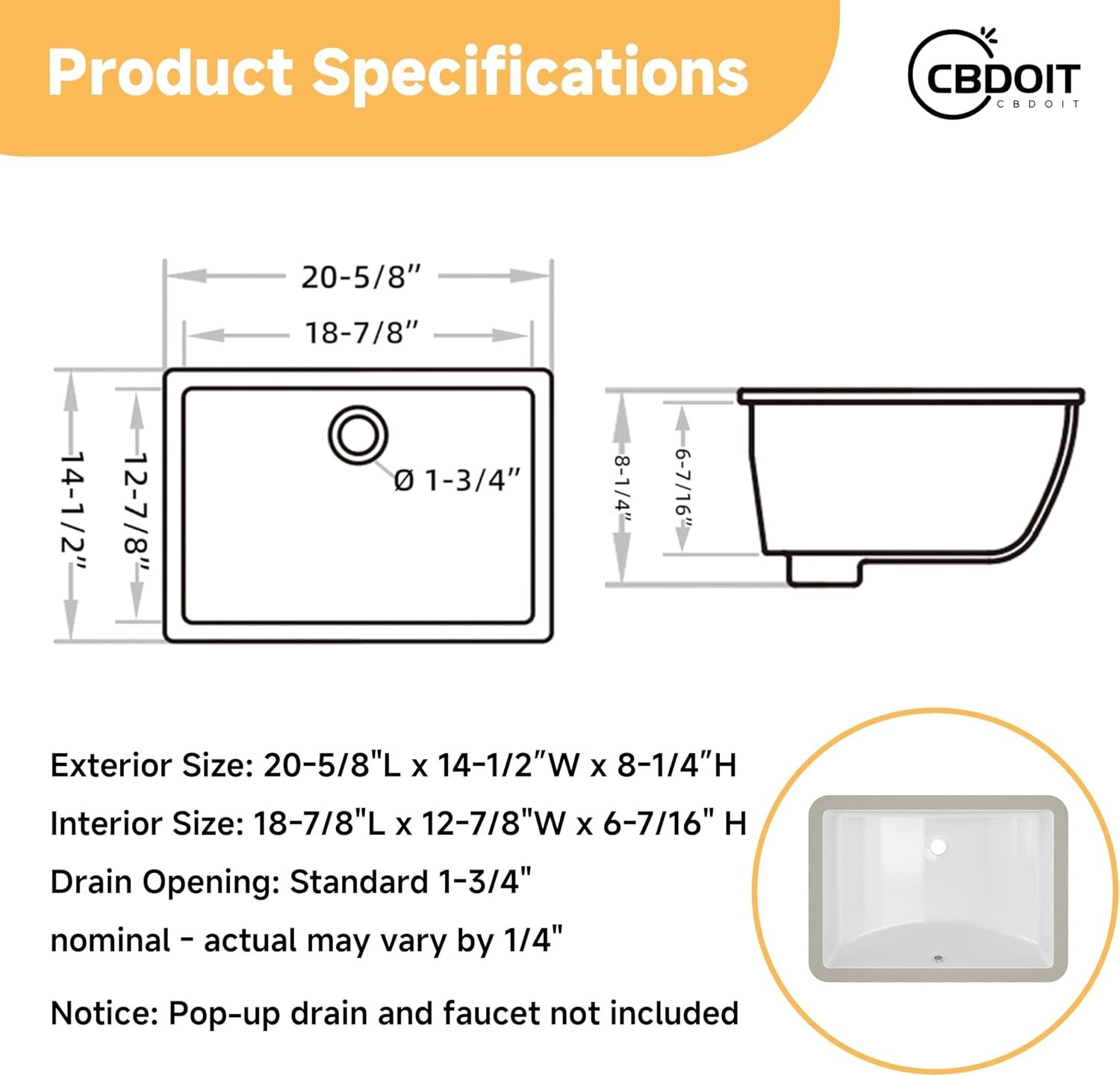 Rectangle Undermount Bathroom Sink, 20” x 14” White Ceramic Under Mount Sink
