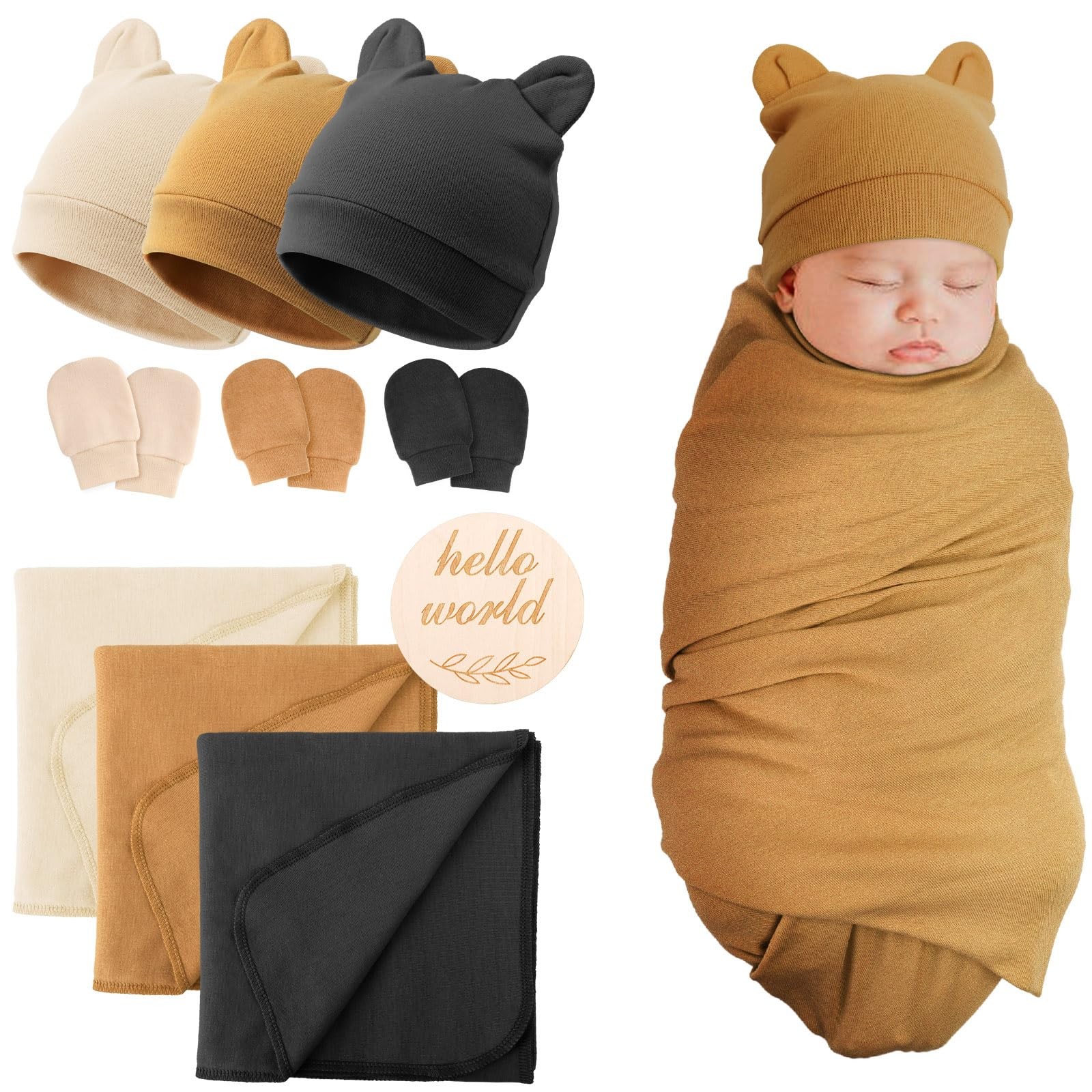 BQUBO 3 Sets Cotton Baby Swaddle Blankets with Hats Mittens Newborn 0-3 Months