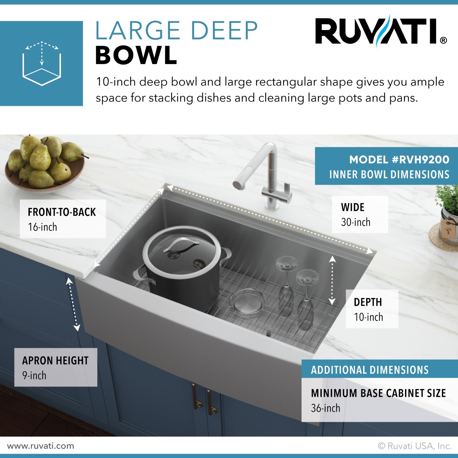Ruvati 33″ Apron-front Workstation Farmhouse 16 Gauge Kitchen Sink- RVH9200