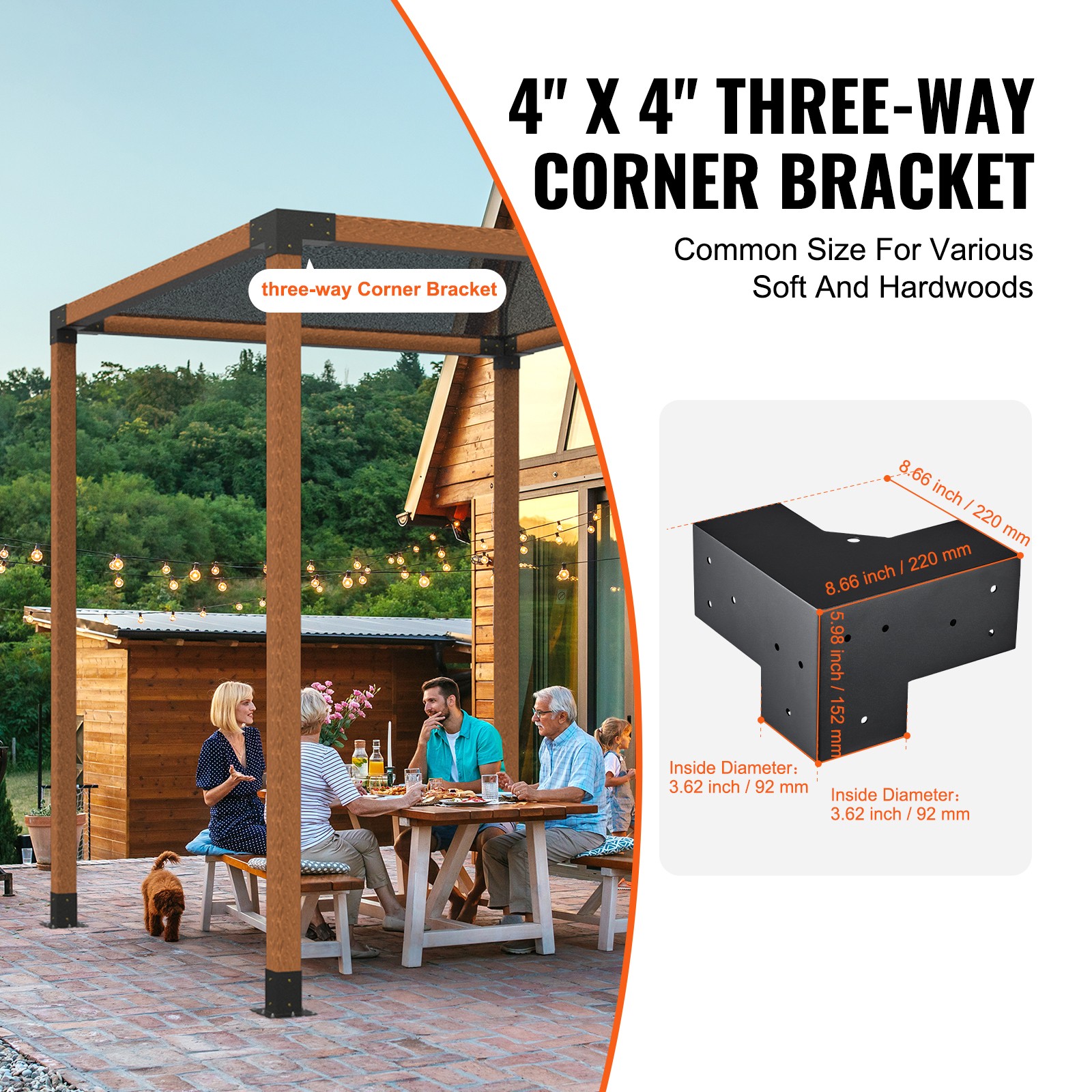 4”x4” Pergola Bracket Kit inner 3.6×3.6 3-Way Woodworks DIY Post 4 pcs
