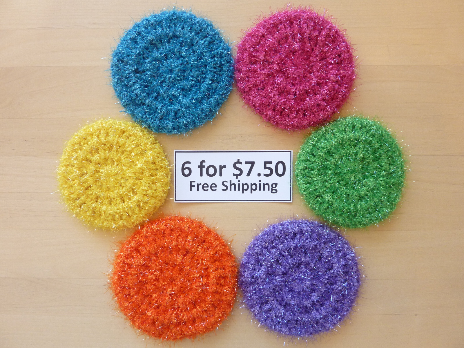 6 Rough Round Multicolor Dish Pot Scrubbers Scrubby Scrubbies Handmade 92
