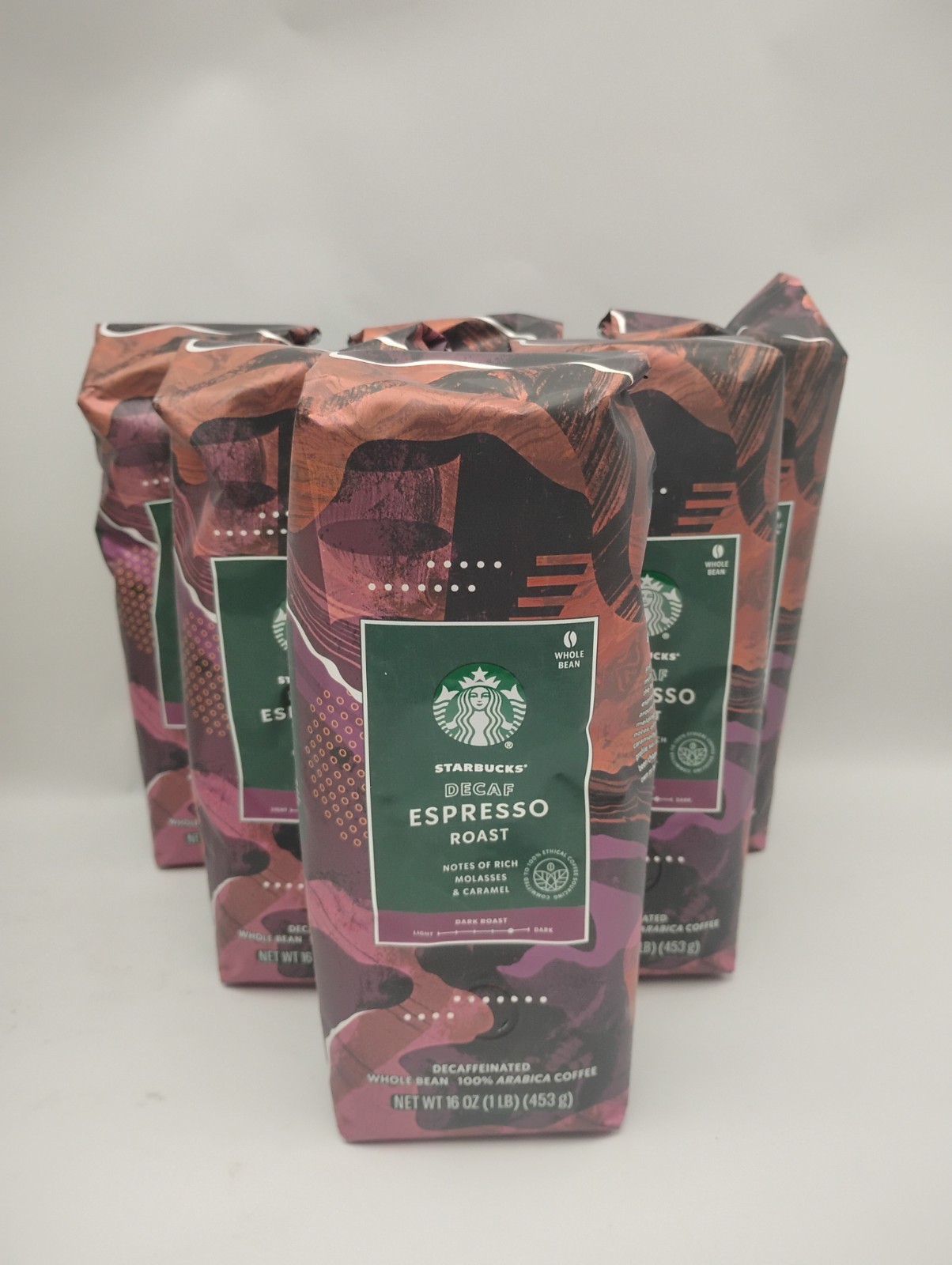 Starbucks Decaf Espresso Dark Roast Whole Bean Coffee 6-1lb / 16oz Bags
