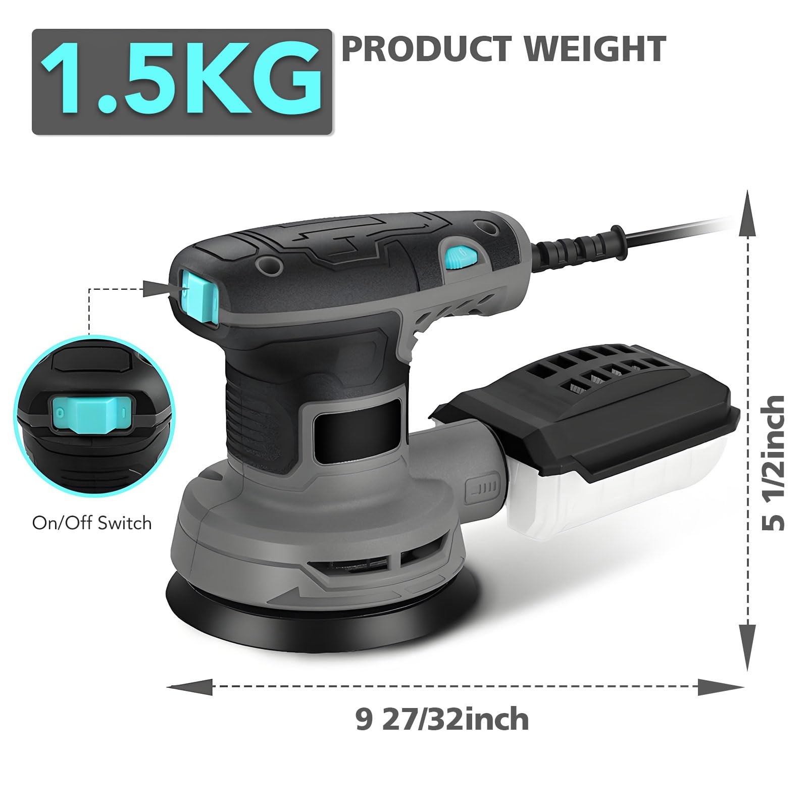 5-Inch Random Orbital Sander, 3Amp Electric Palm Sander with 6-Speed Control,