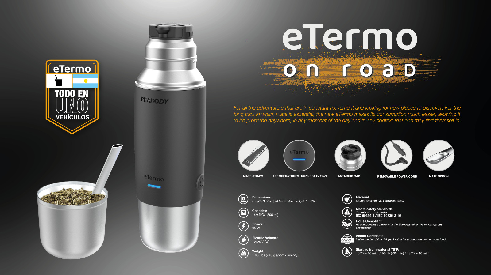 Peabody eTermo 12v Portable Vacuum Insulated Thermos With Water Heater, 16,90 fl