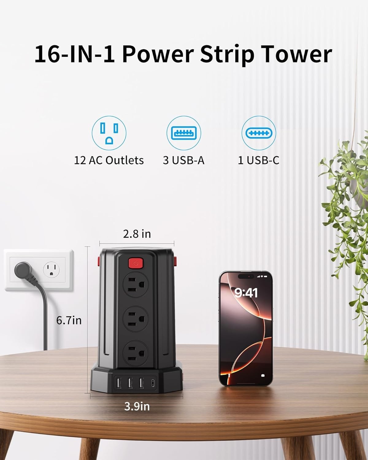 Compact 12-Outlet Power Strip with 4 USB Ports – 6.5 Ft Surge Protection Tower