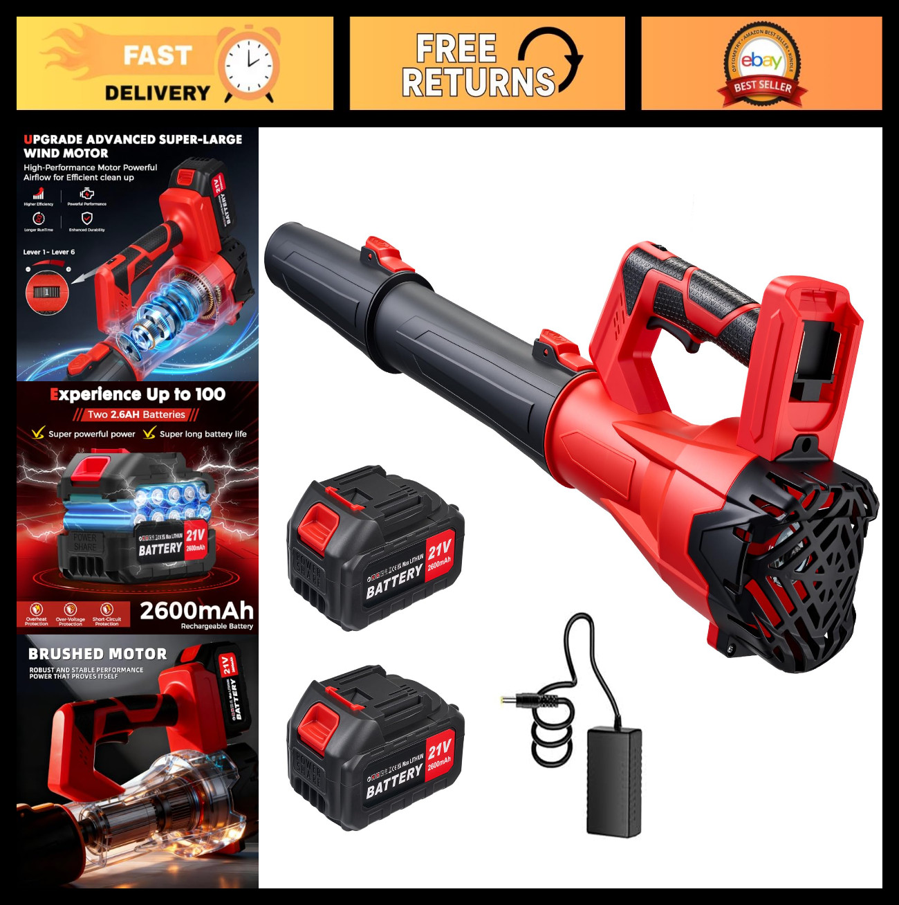 Powerful 650CFM Cordless Leaf Blower, 21V, 6-Speed, 2 Batteries & Charger, Yard