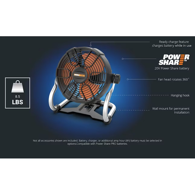 WORX 9-in High Velocity Indoor/Outdoor Personal Fan, Battery Powered, in Black