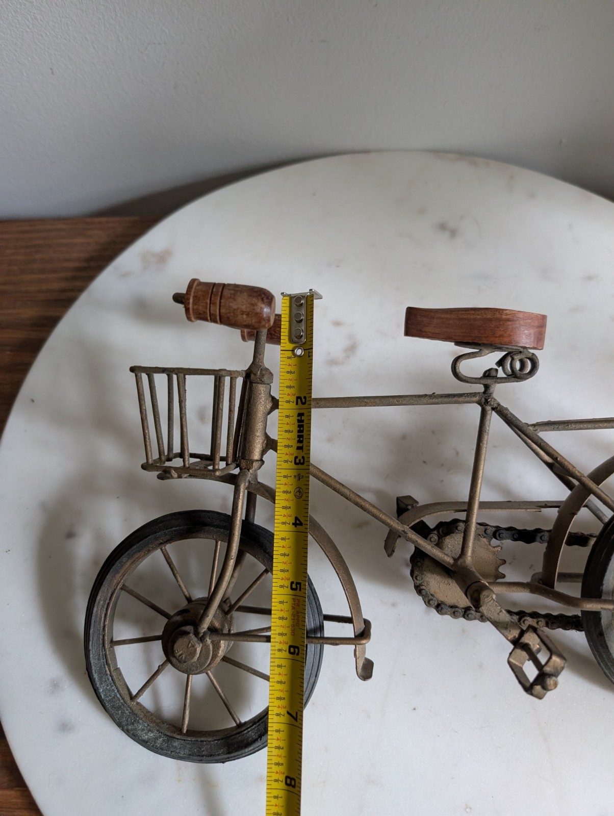 Miniature Metal Bicycle Sculpture Rustic Cottage Decor Wood Seat Basket Display