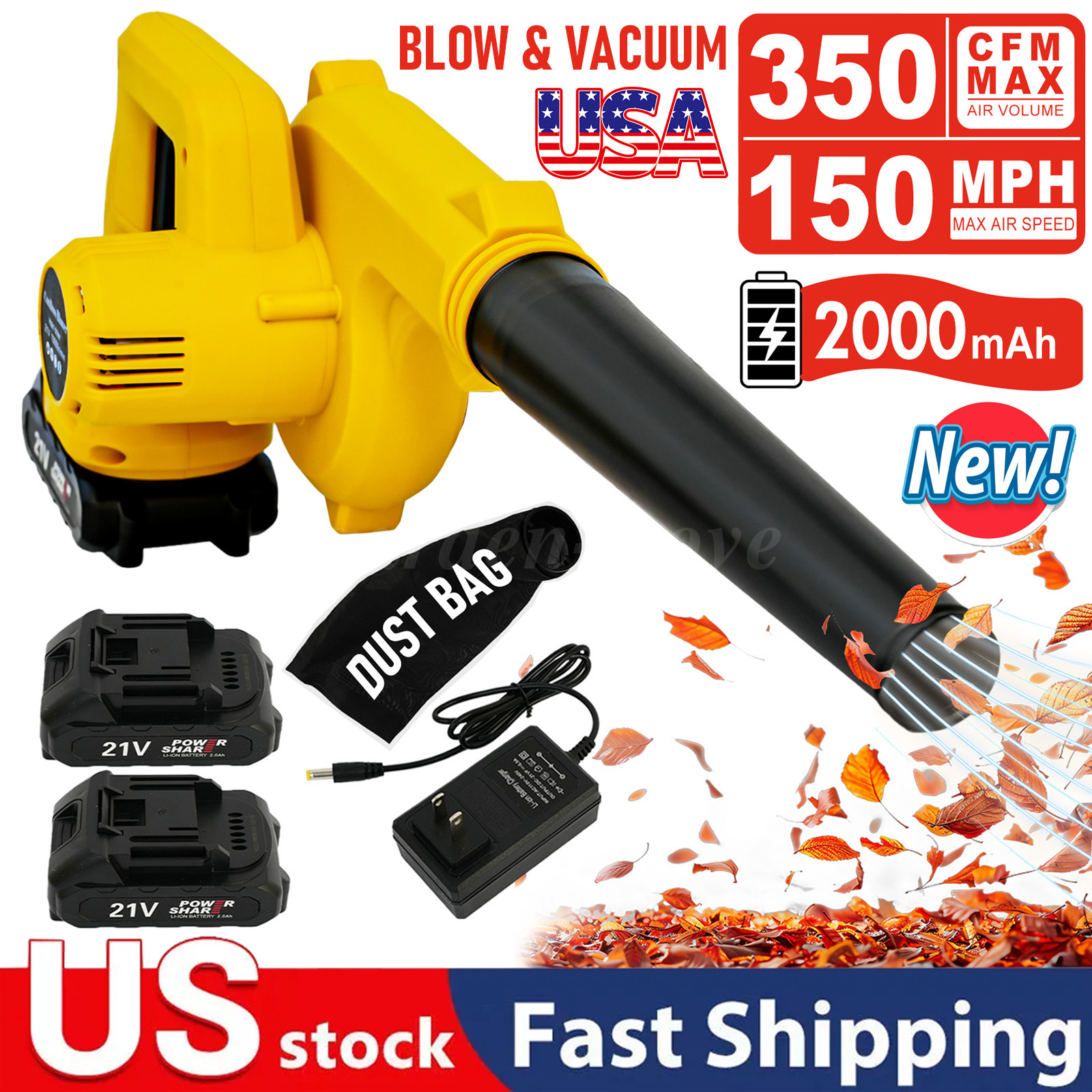 21V Portable Leaf Blower, Cordless Leaf Blower, with 2.0ah Batteries and Charger