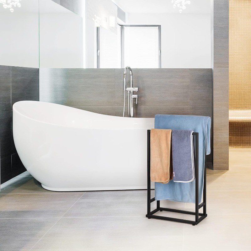 Freestanding 2 Tier Hand Towel Drying Rack Black Towel Blanket Rack for Bathroom