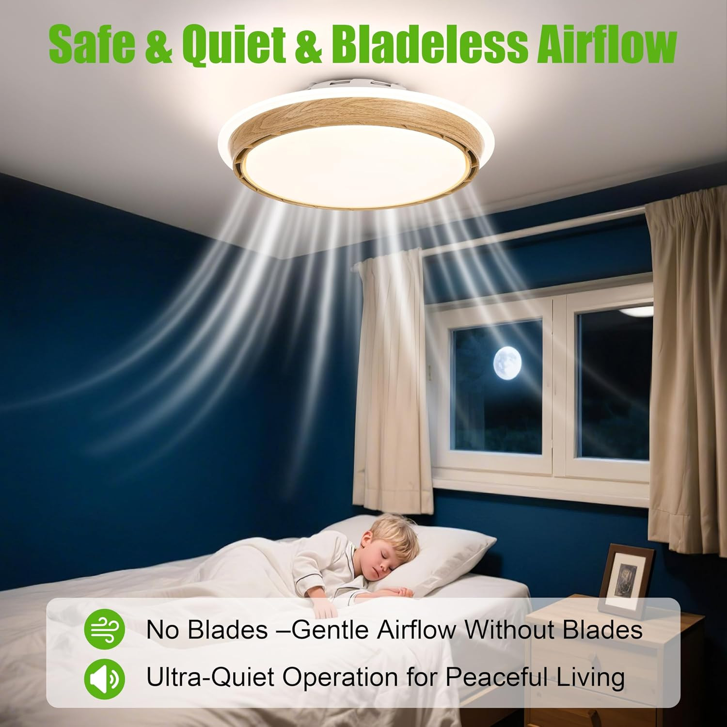 Bladeless Ceiling Fan with Light, Remote & App Control, 6 Speeds, Dimmable LED