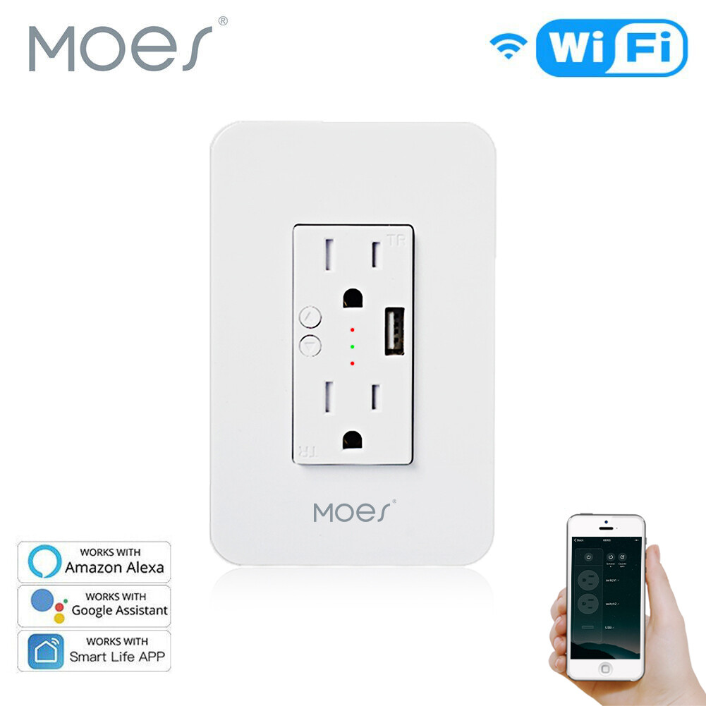 MOES WiFi Smart Outlet in Wall Power Socket 2 Plug With USB 15A Alexa Google APP