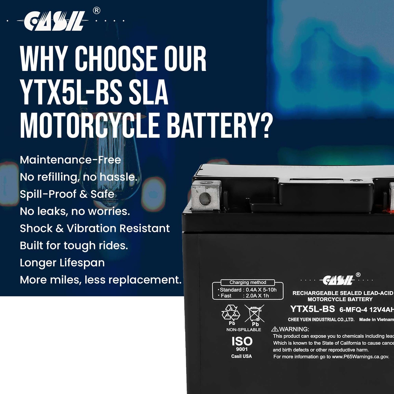 Casil YTX5L-BS – Rechargeable Motorcycle 4.48inch x 2.79inch x 4.17inch