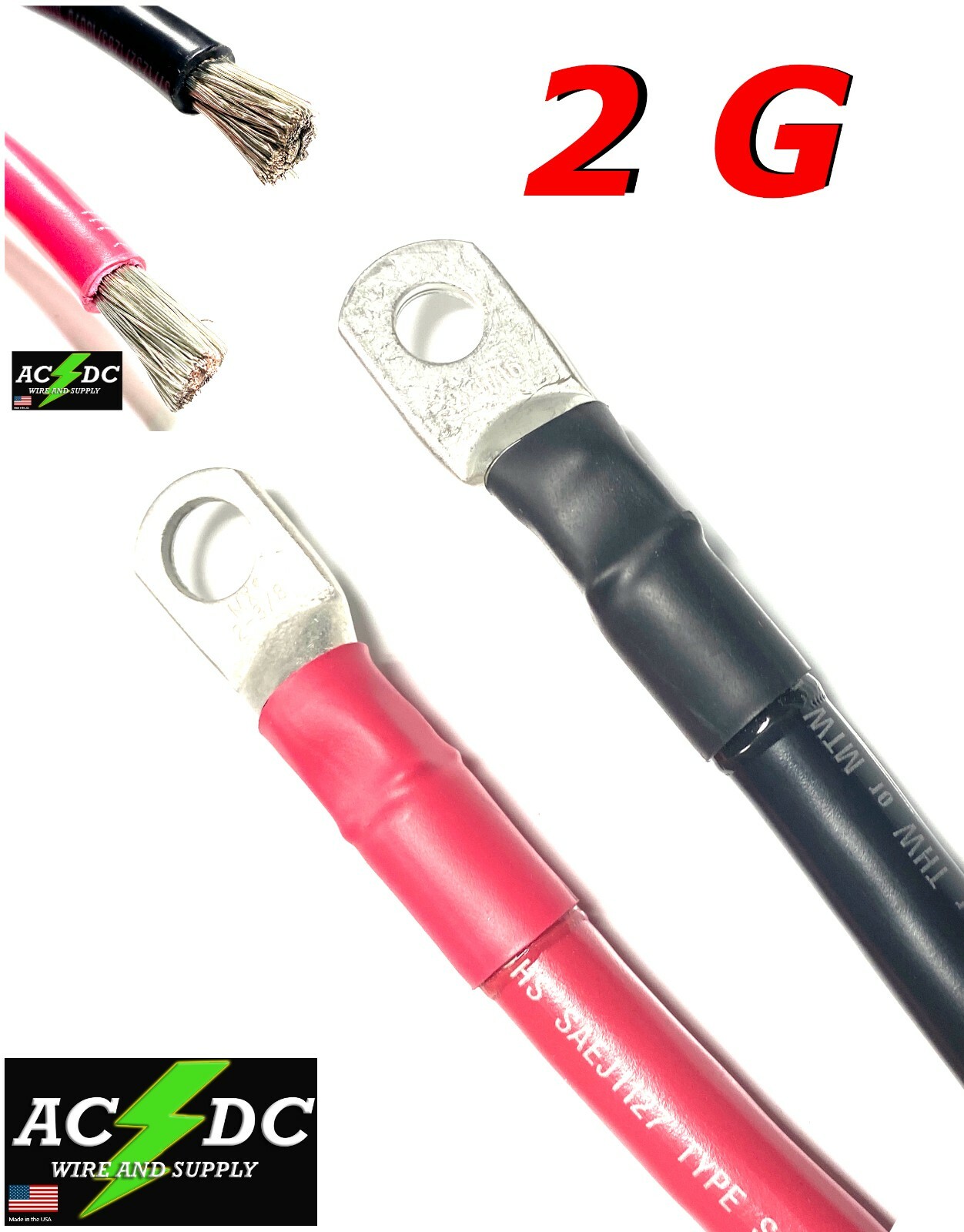 2 Gauge AWG Custom Battery Cables – Solar, Marine, Power Inverter – Tinned Wire
