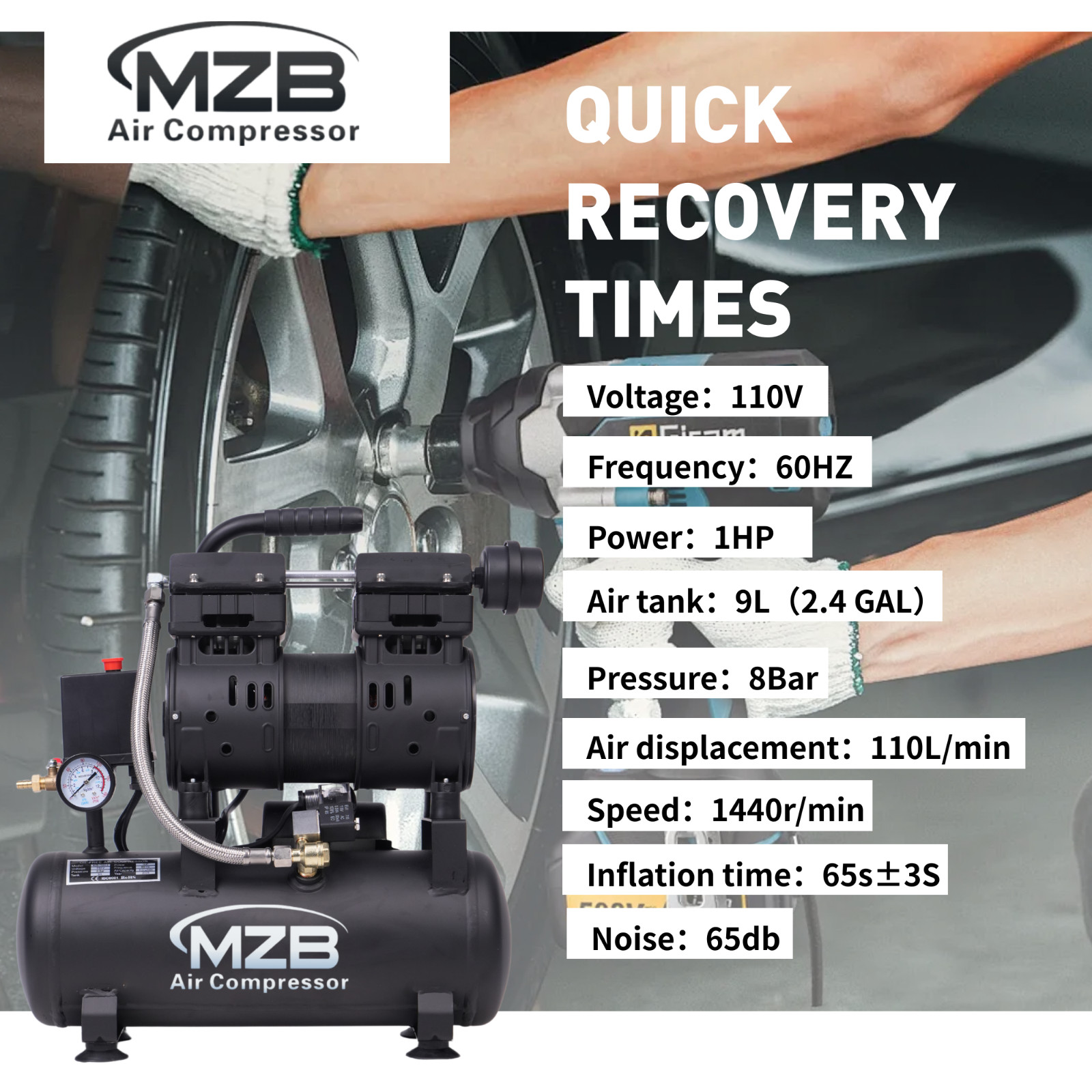 2.4 Gallon Ultra Quiet Air Compressor 110V/60Hz 1.0HP 5.65CFM,70dB Noise Level