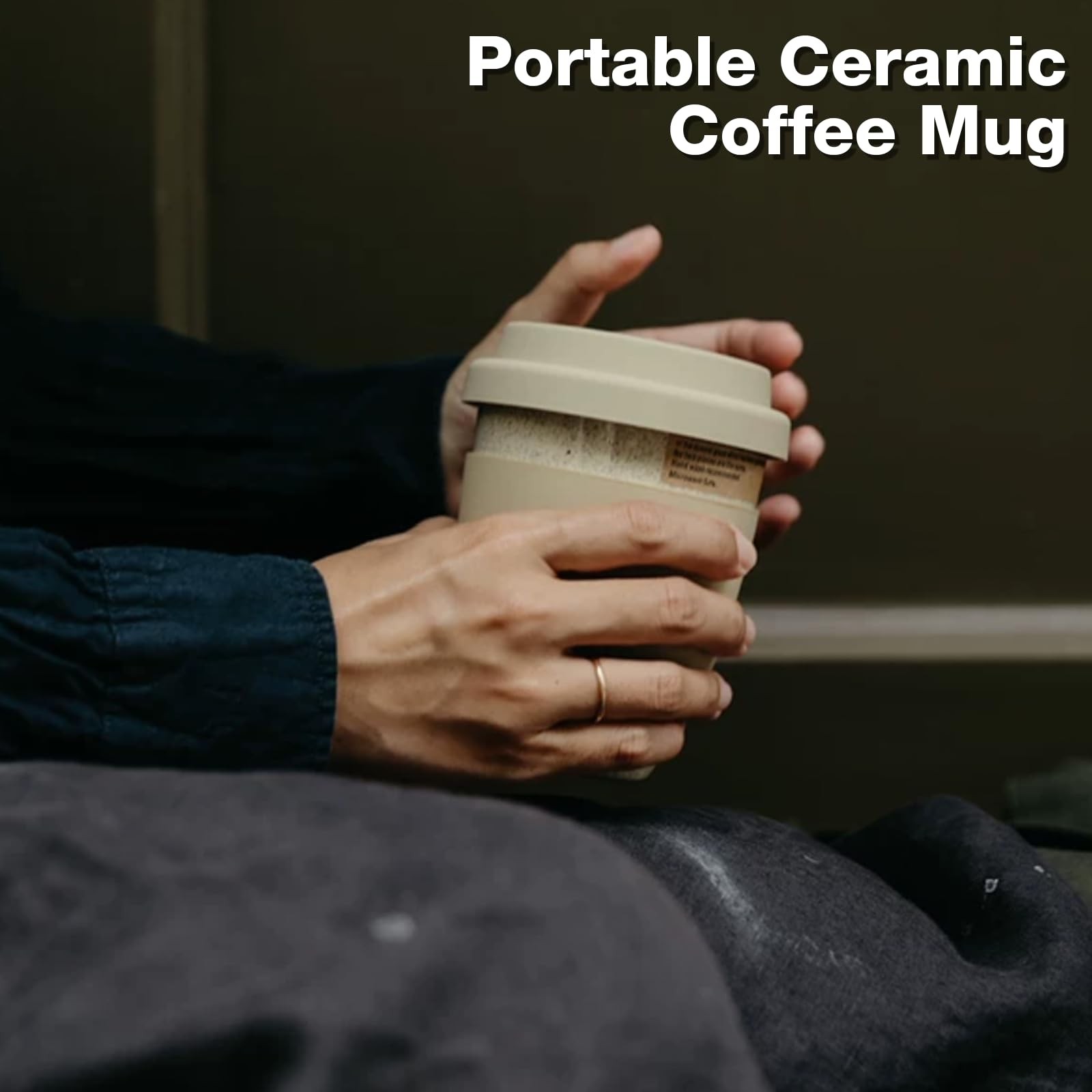 Ceramic Travel Mugs with Silicone Lids, 15 oz Portable Coffee Mugs, Beige