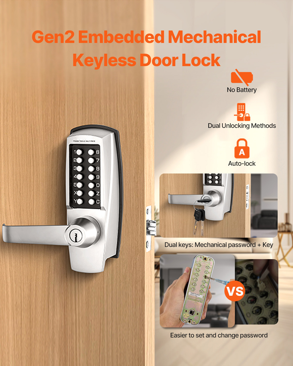 Mechanical Keyless Entry Door Lock 14 Key Mechanical Door Lock with Key for Home